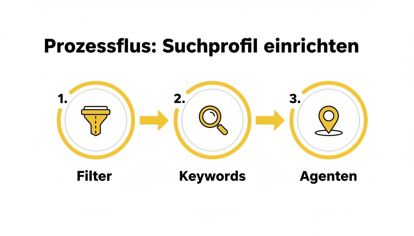 Prozessfluss zum Einrichten eines Suchprofils, dargestellt in drei Schritten: Filter, Keywords und Agenten.