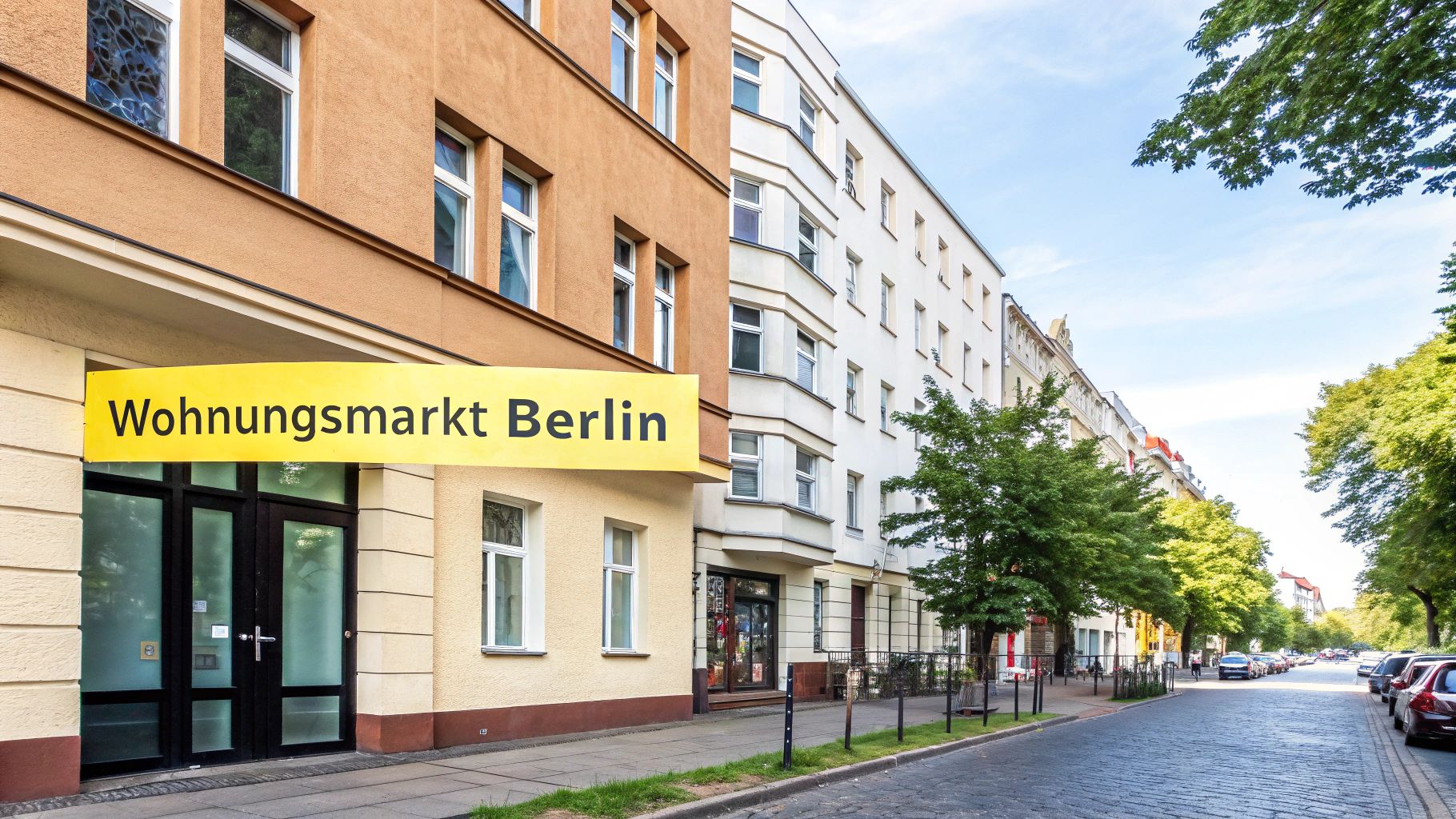 Straßenansicht in Berlin mit Wohngebäuden, Bäumen und einem Banner 'Wohnungsmarkt Berlin' unter blauem Himmel.