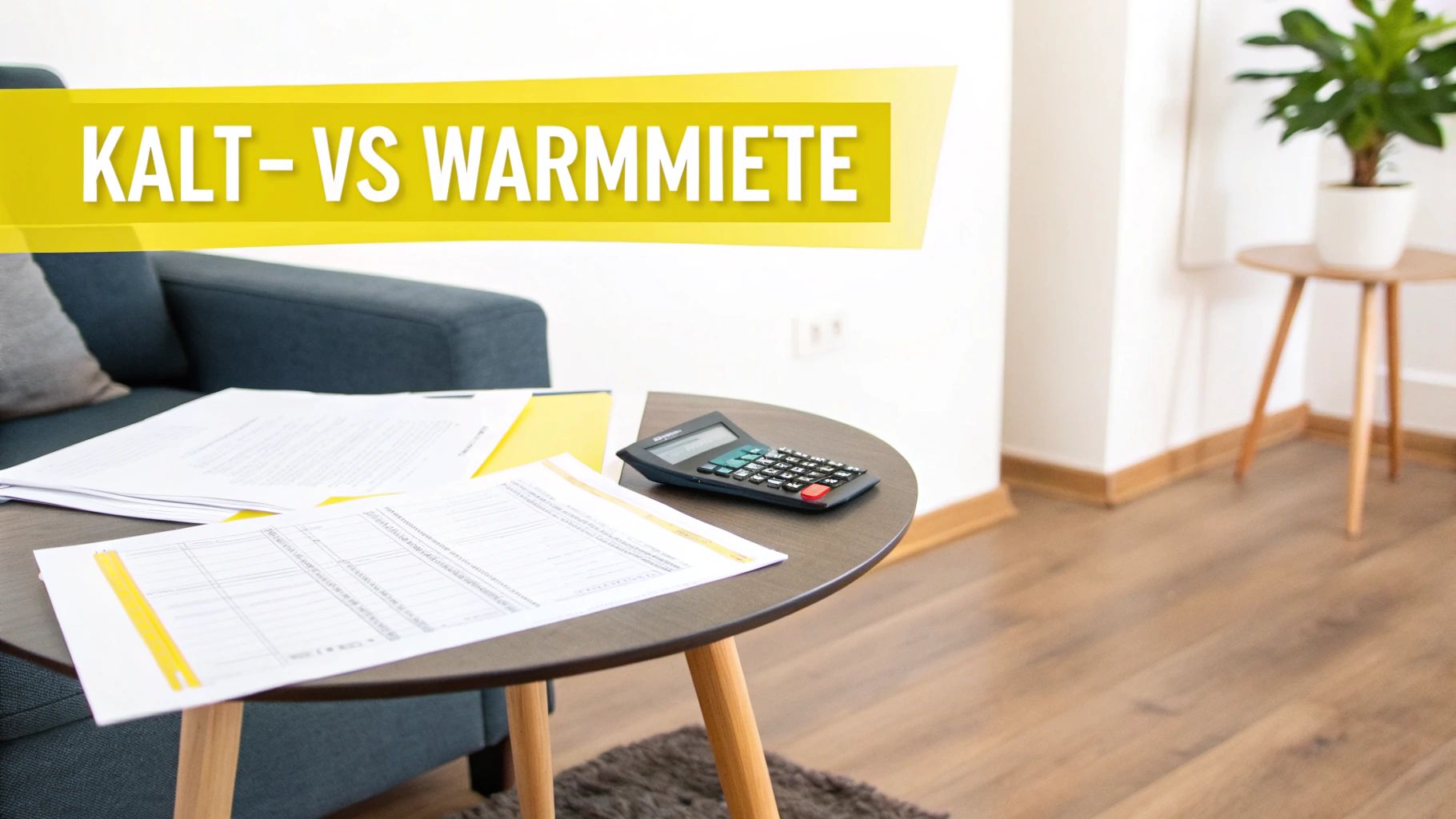 Ein Tisch mit Dokumenten und Taschenrechner zum Thema Kaltmiete versus Warmmiete.