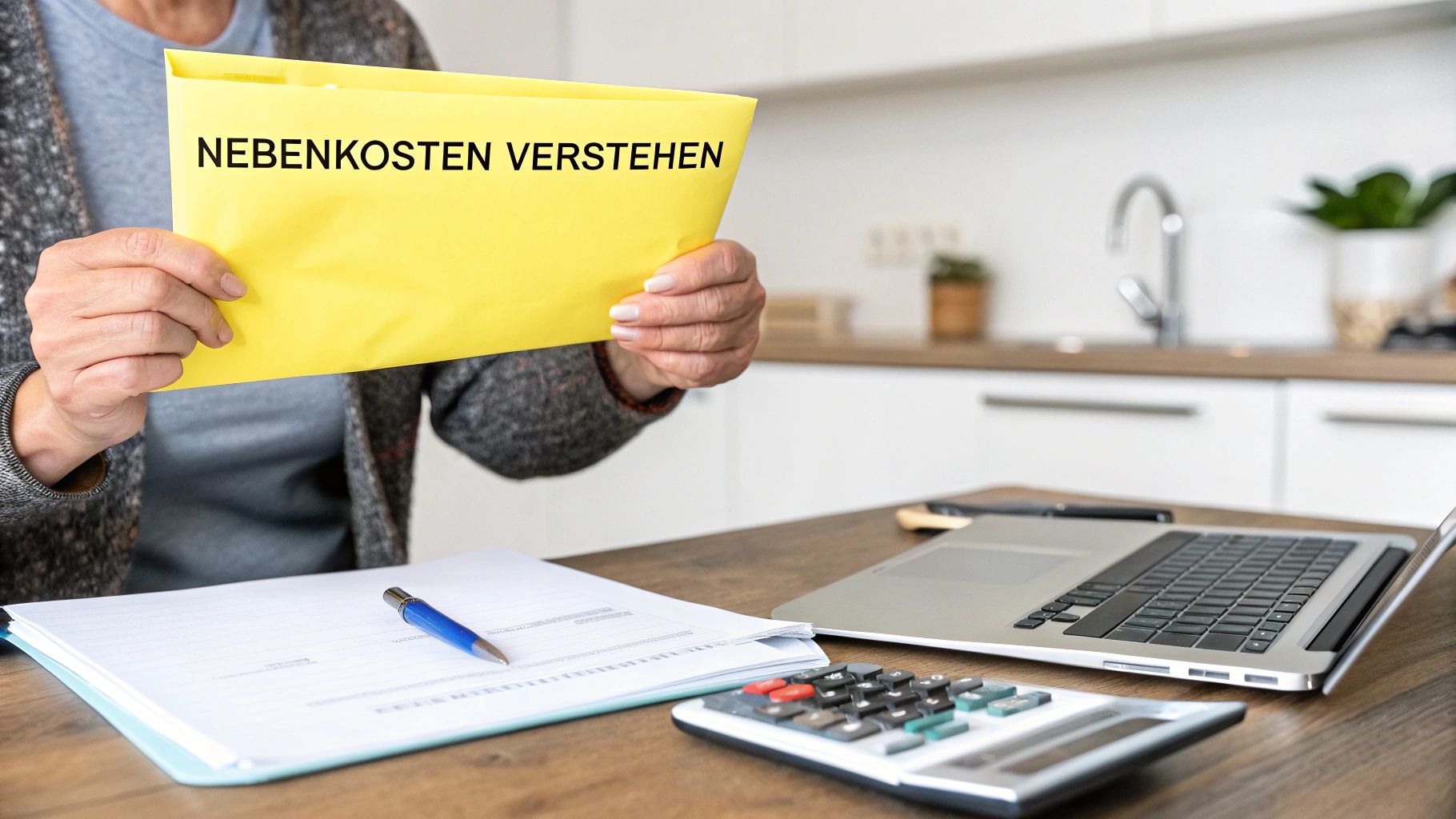 Eine Person hält einen gelben Ordner mit der Aufschrift 'NEBENKOSTEN VERSTEHEN' an einem Schreibtisch mit Dokumenten, Laptop und Rechner.