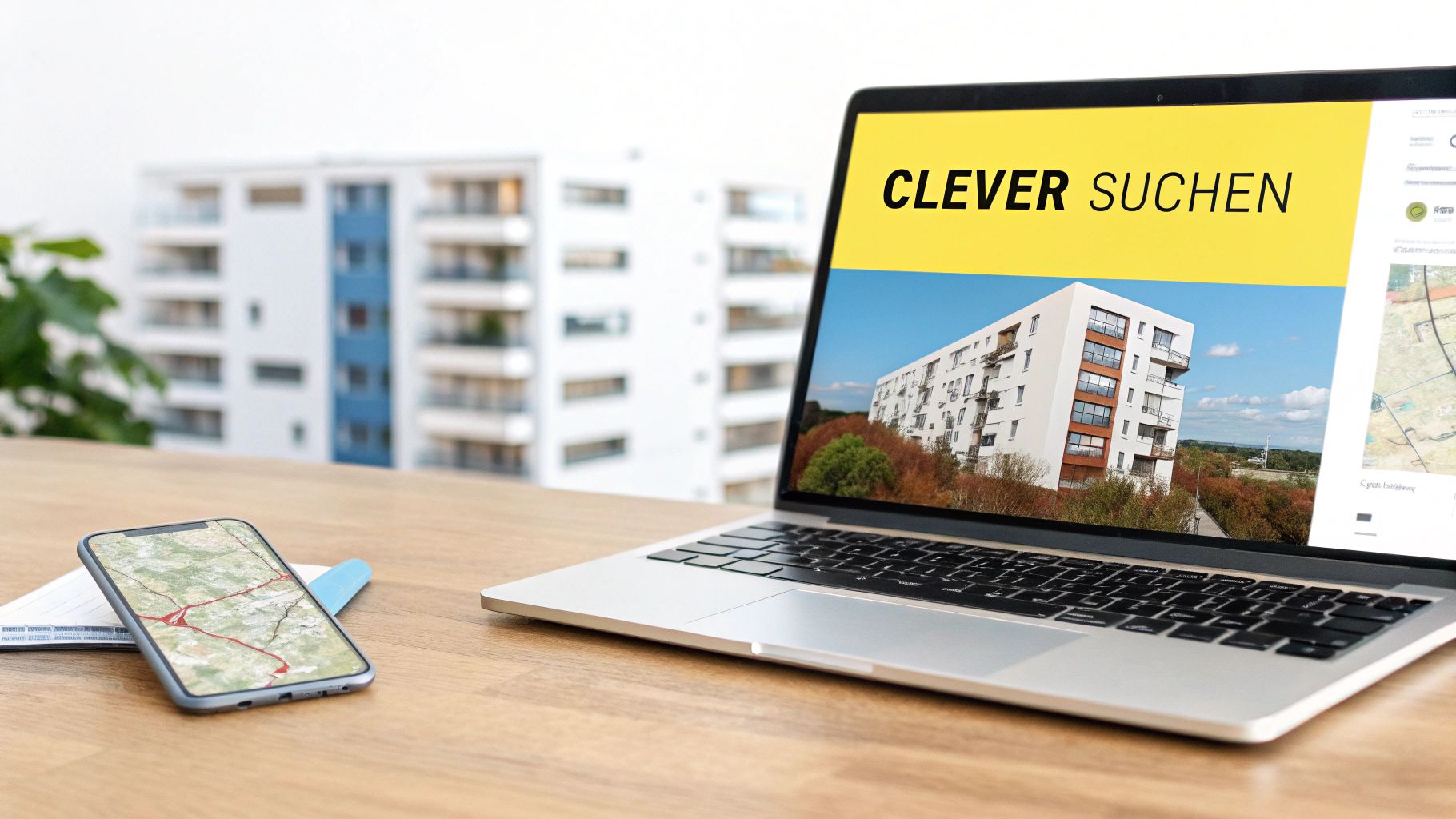 Laptop und Smartphone zeigen Webseiten zur Wohnungssuche mit Karten und modernen Gebäuden.