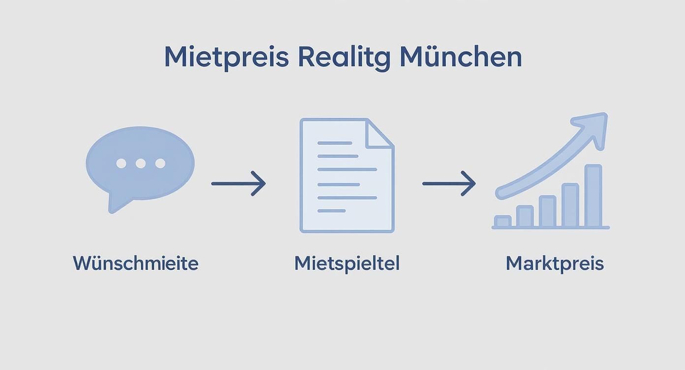Infografik zeigt Prozess der Mietpreisermittlung in München: Wünsche, Mietspielraum und Marktpreis mit Pfeilen und Symbolen