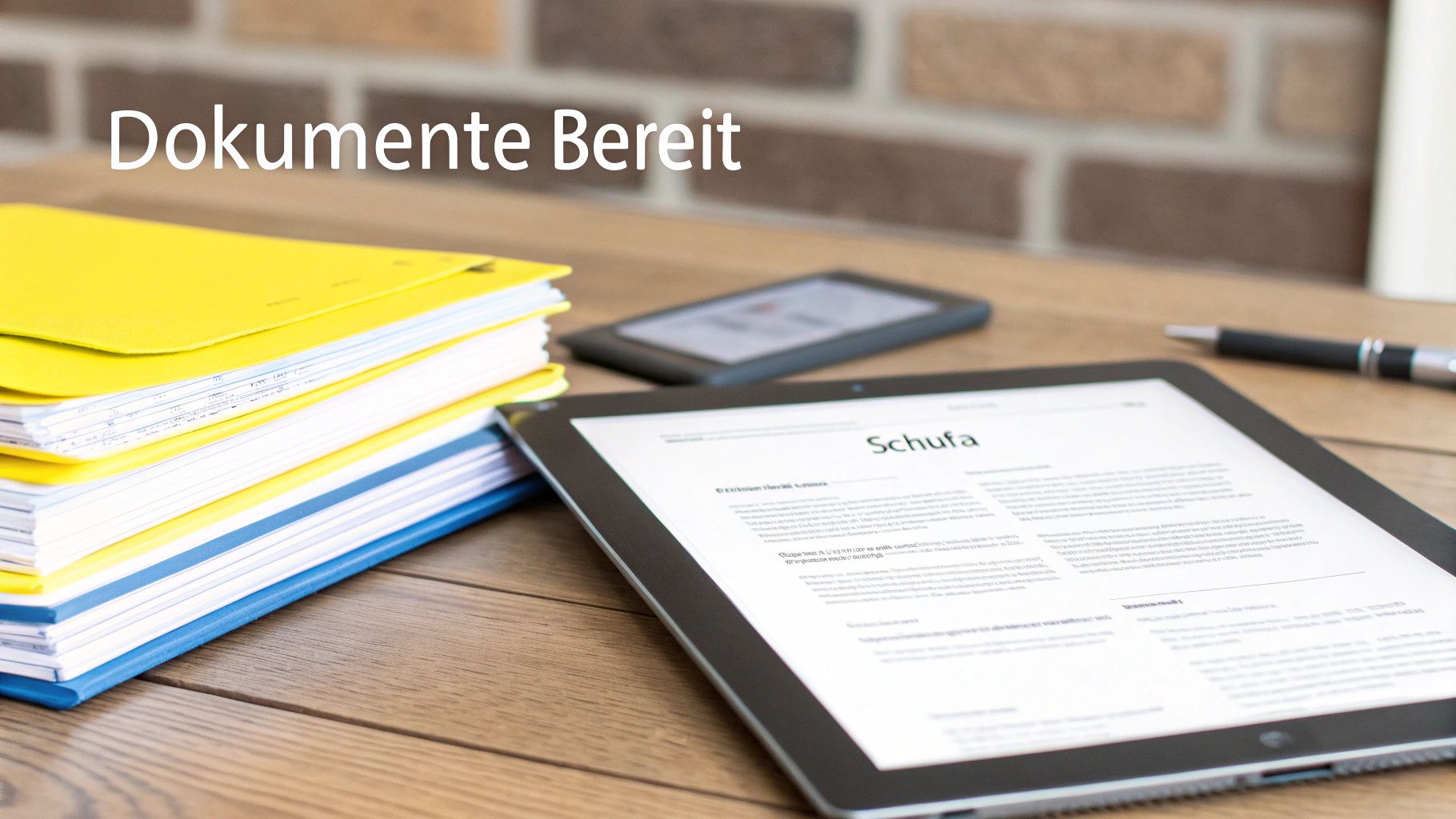 Ein Schreibtisch mit gestapelten gelben und blauen Aktenordnern, einem Tablet mit 'Schufa' und einem E-Reader. Der Text 'Dokumente Bereit' ist eingeblendet.