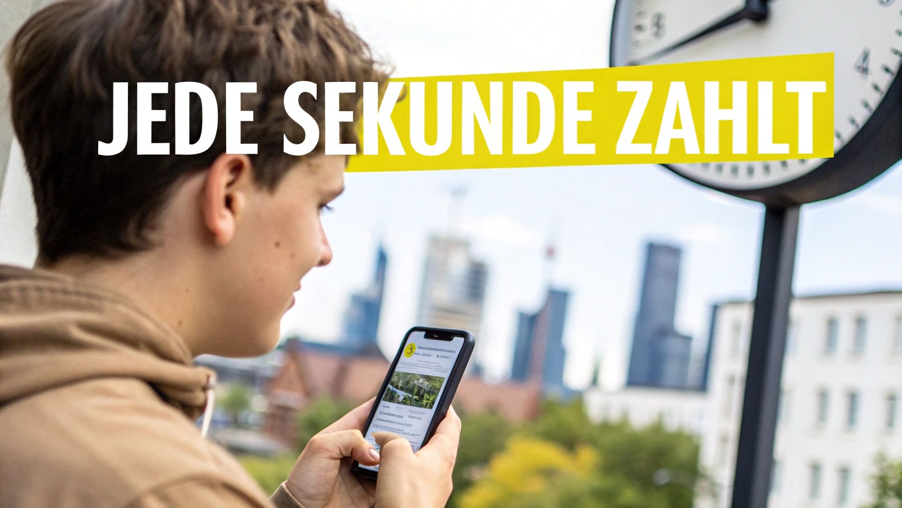 Junger Mann schaut auf sein Smartphone mit Immobilienangebot vor urbaner Kulisse und Uhr. Jede Sekunde zählt.