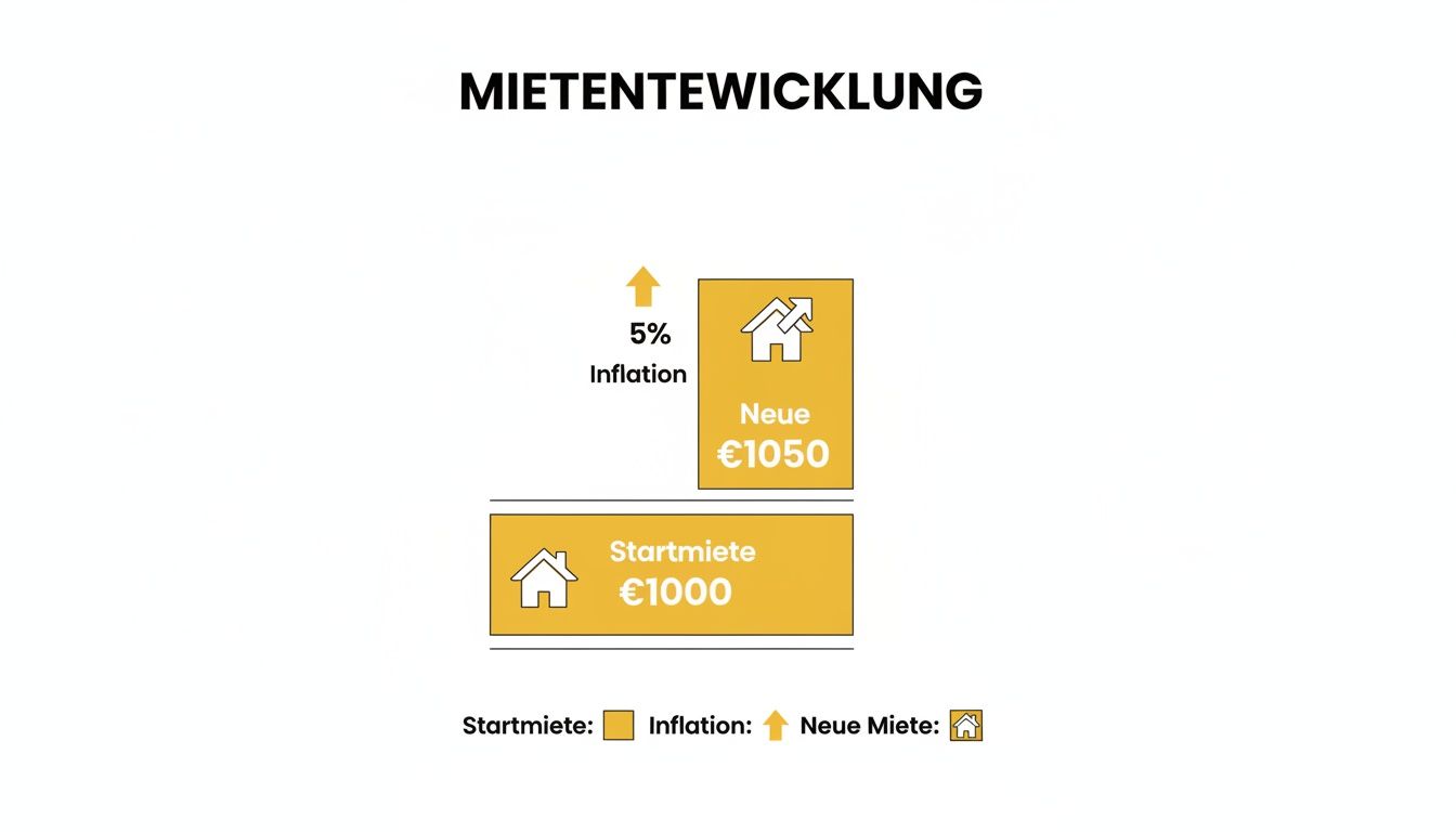 Diagramm zur Mietentwicklung: Eine Startmiete von 1000 € erhöht sich um 5% Inflation auf 1050 €.