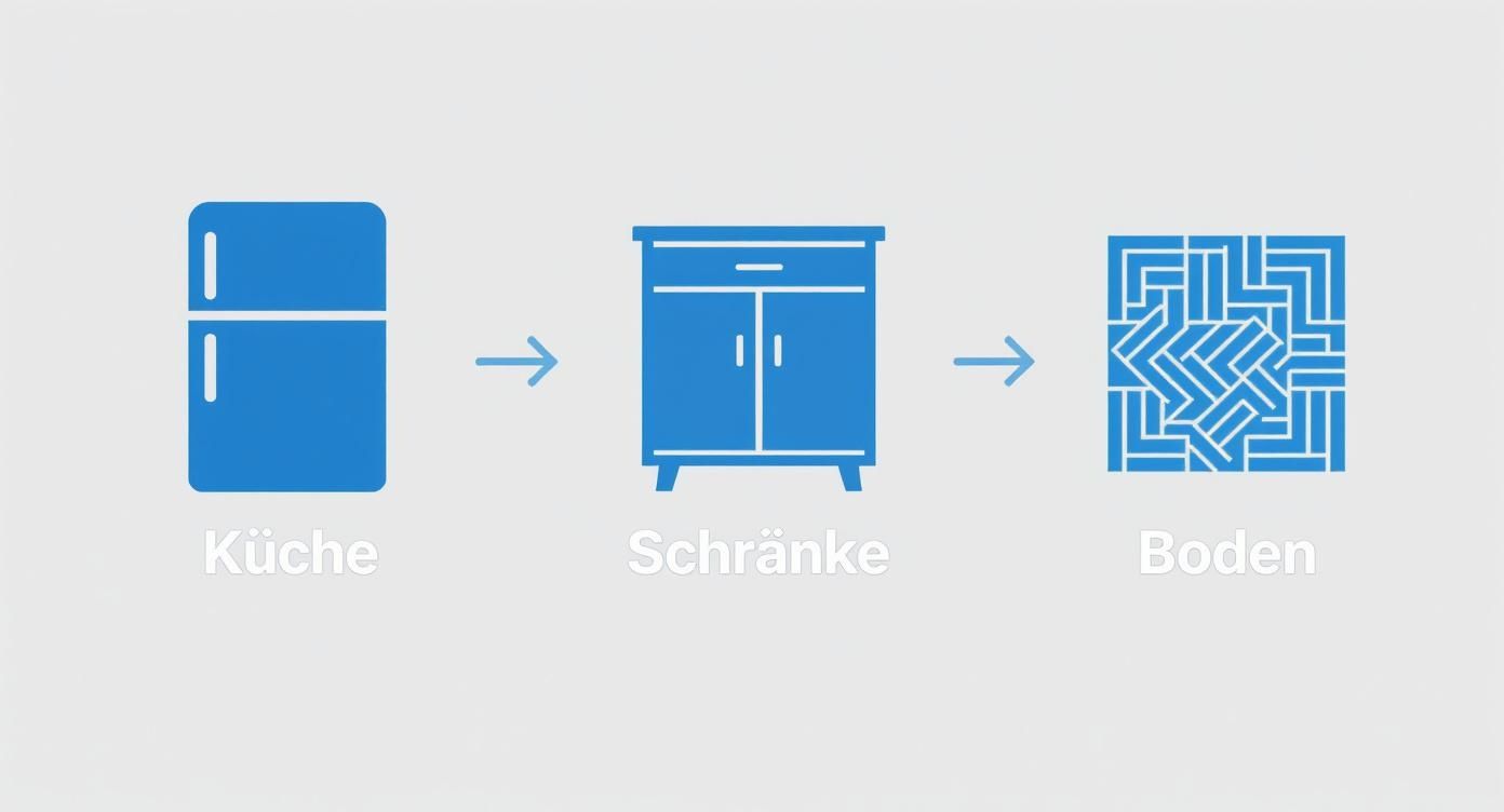 Blaue Icons visualisieren Küche, Schränke und Boden in einer Abfolge, relevant für Wohnungsablöse-Vereinbarungen.