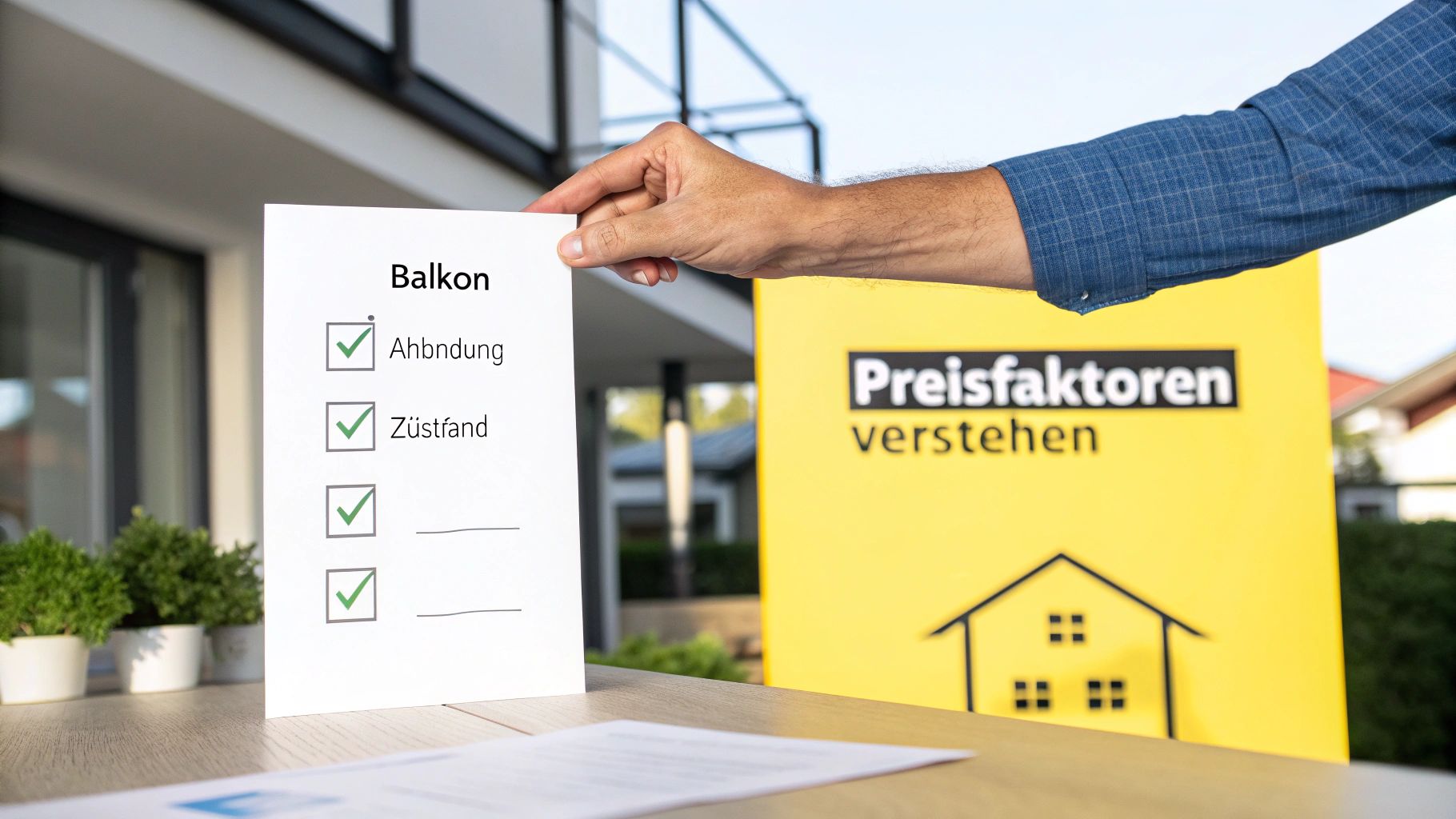 Hand hält Checkliste für Balkon neben gelbem Folder mit Preisfaktoren verstehen und Hausillustration