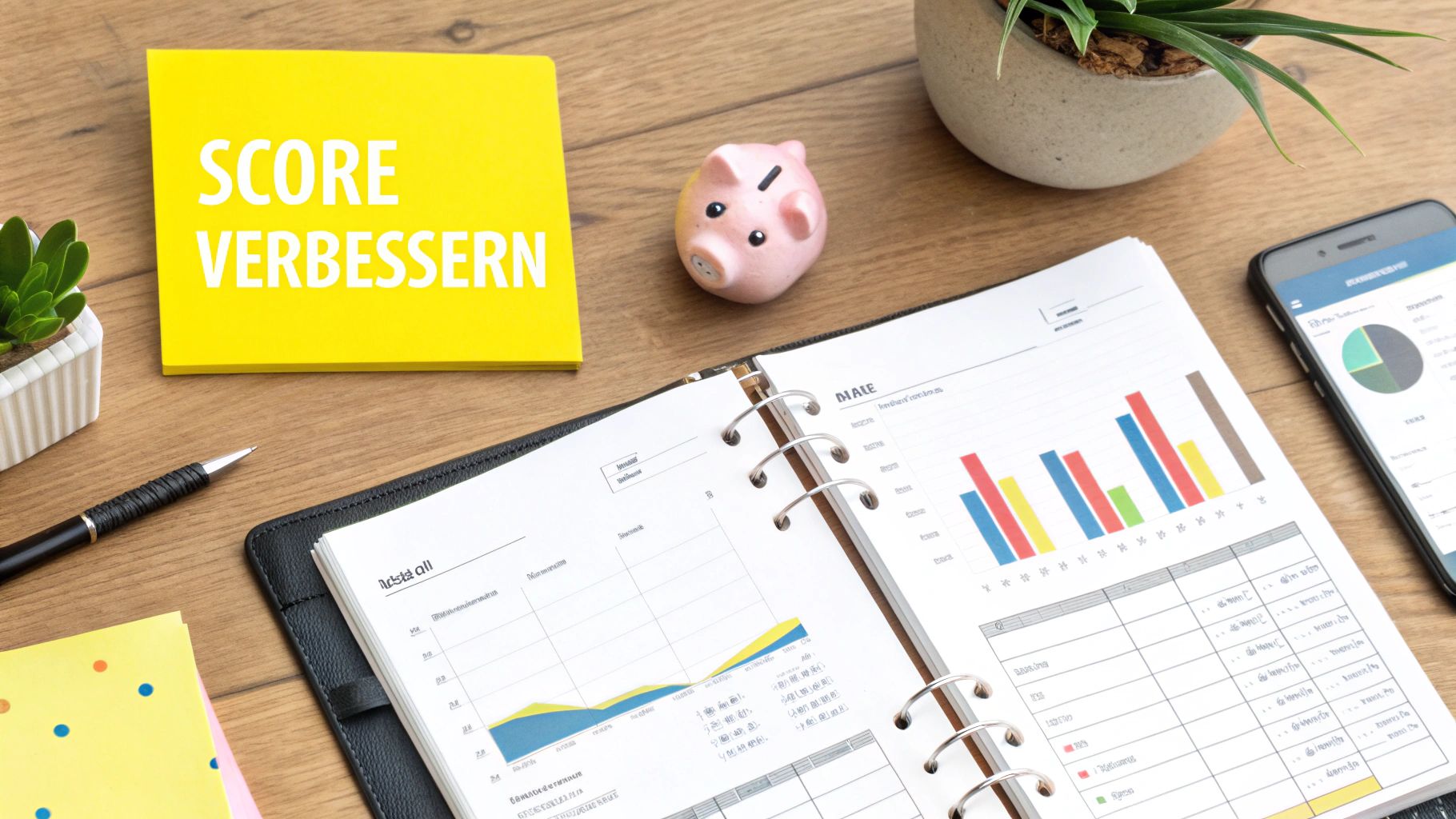 Eine Person überprüft ihre Finanzunterlagen an einem Schreibtisch mit Laptop und Pflanzen, was einen proaktiven Umgang mit Finanzen symbolisiert.