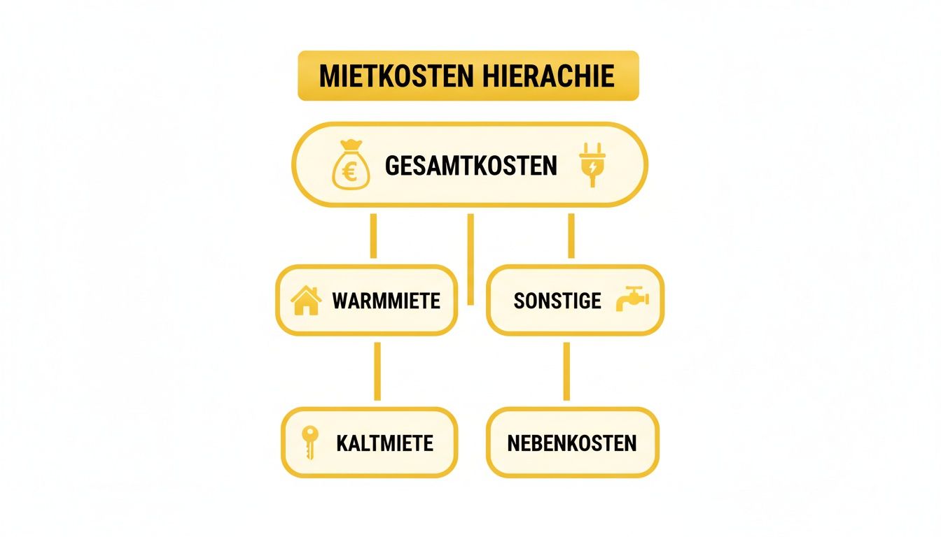 Hierarchische Darstellung der Mietkosten: Gesamtkosten, Warmmiete, Kaltmiete und Nebenkosten einer Wohnung.