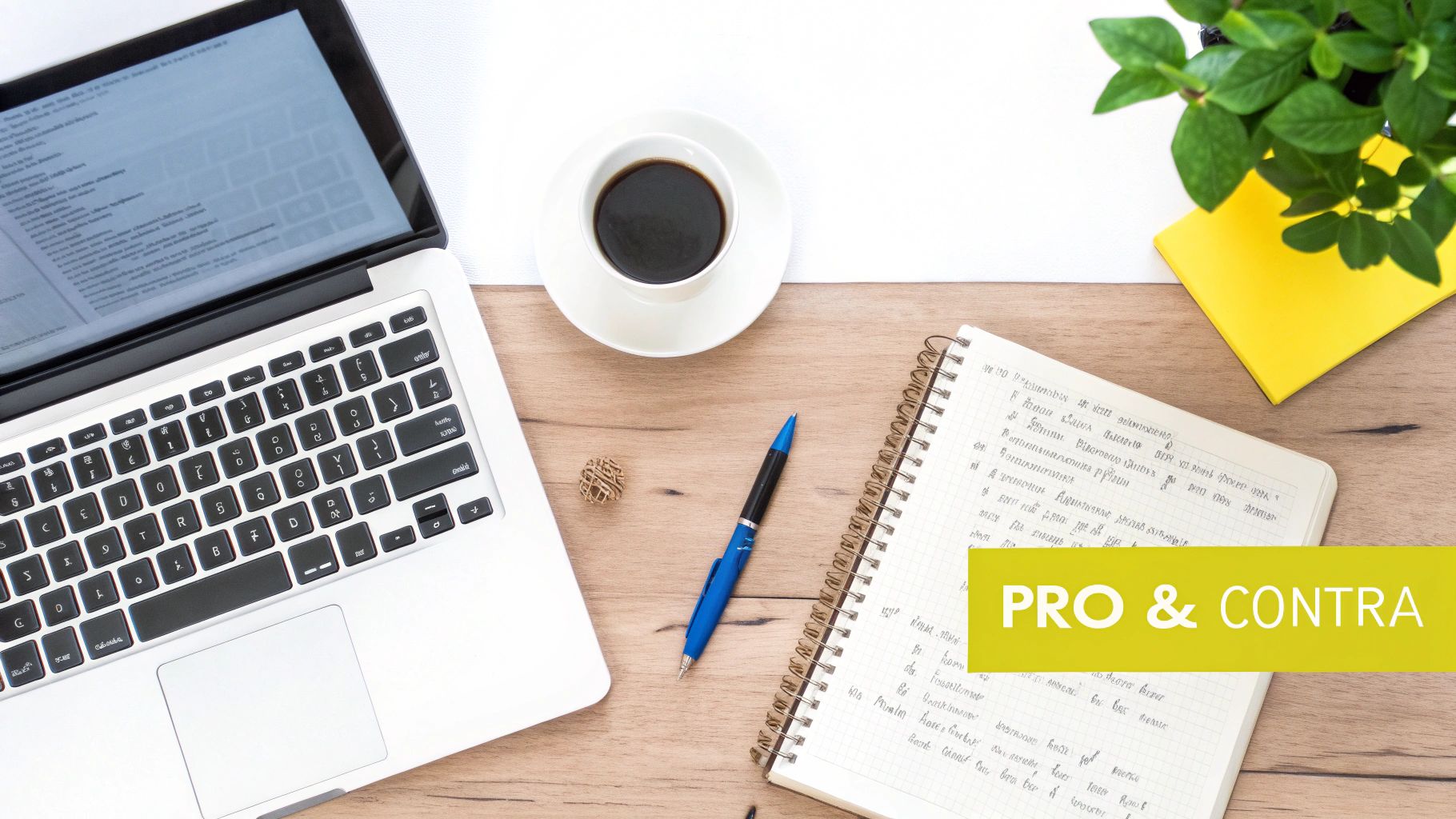 Eine Person sitzt an einem Schreibtisch und erstellt eine Pro- und Contra-Liste zur Wohnungssuche.
