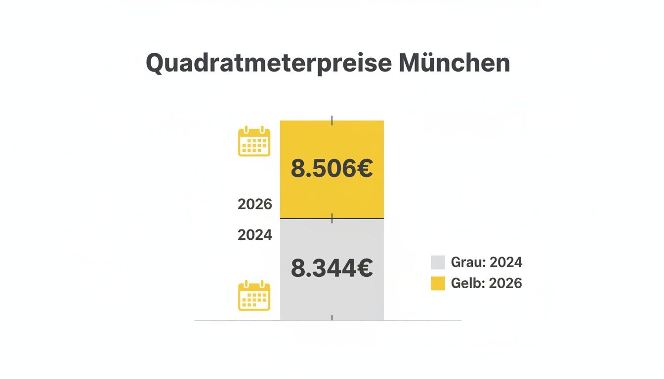 Diagramm zeigt Quadratmeterpreise für Wohnungen in München. 2024: 8.344€, 2026: 8.506€.