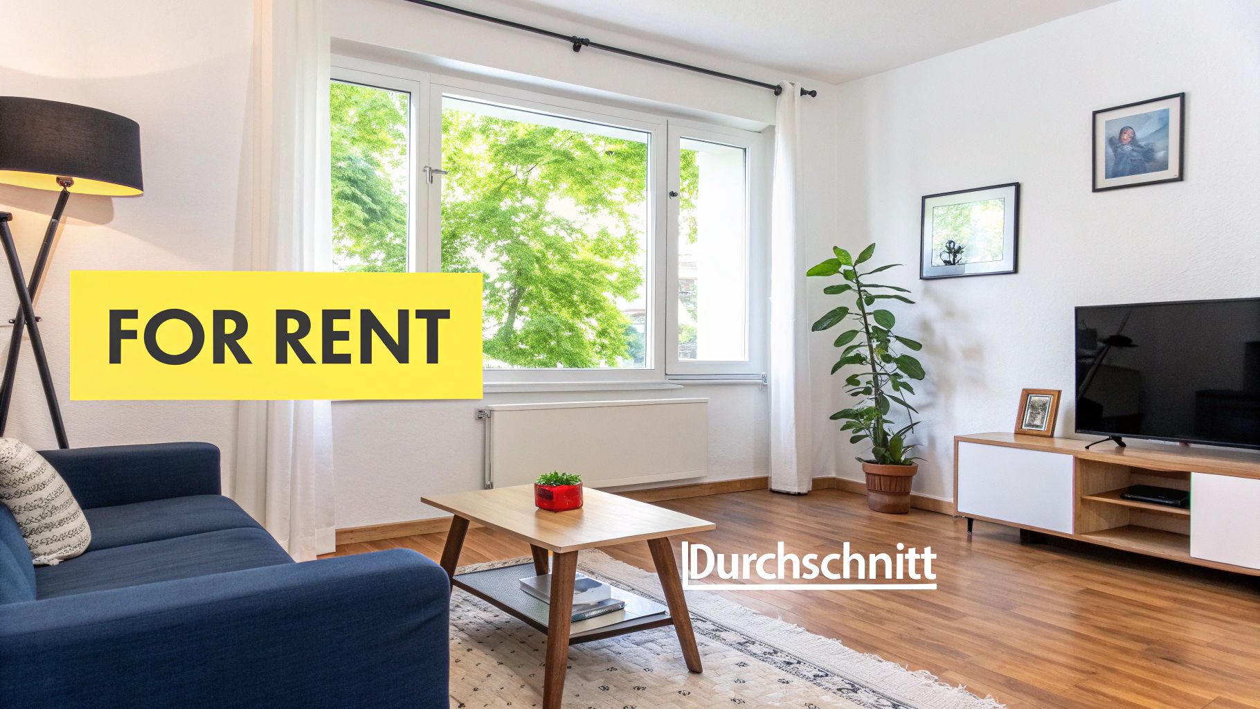 Hell möbliertes Wohnzimmer mit Sofa, Couchtisch und Blick ins Grüne, ideal zur Miete.