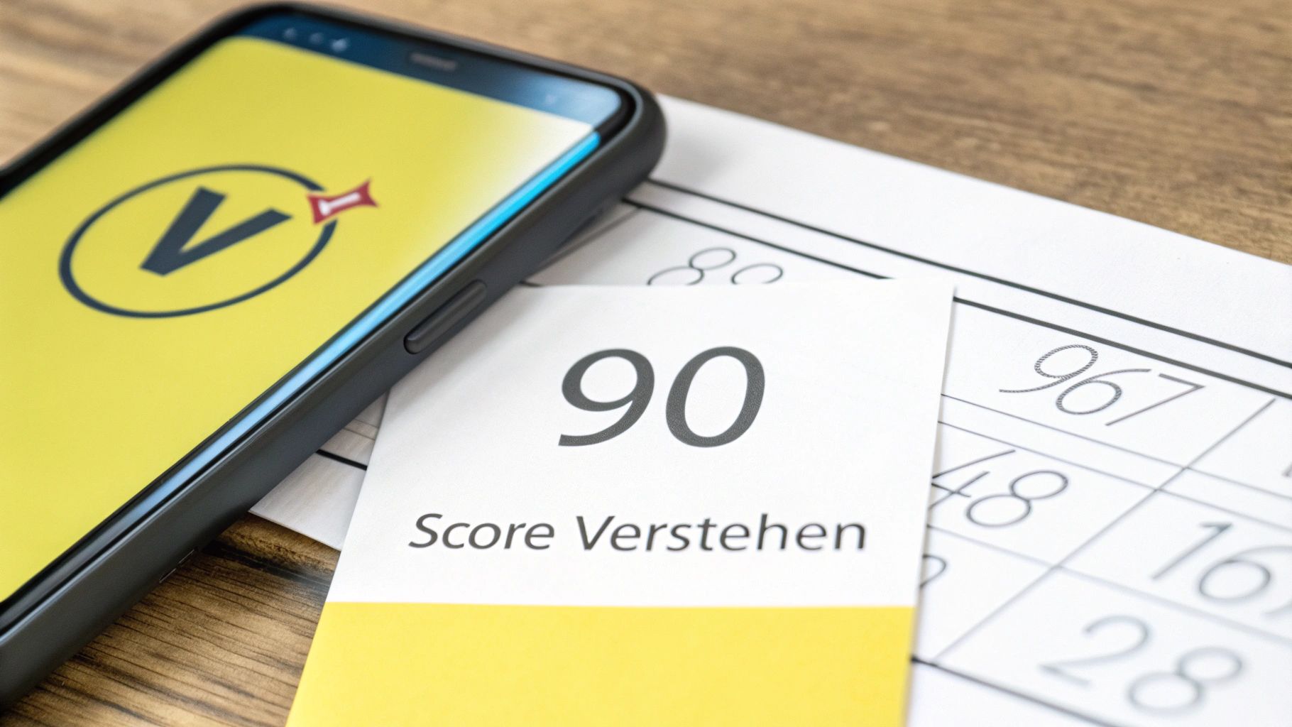 Smartphone zeigt eine Score-App mit V-Logo. Daneben liegt eine Karte mit "90 Score Verstehen" und einem Dokument.