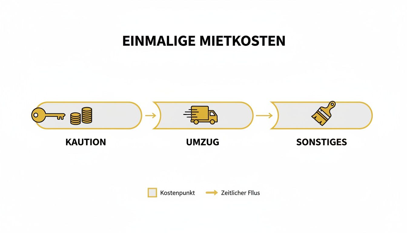 Infografik zeigt einmalige Mietkosten: Kaution, Umzug und Sonstiges im zeitlichen Fluss.