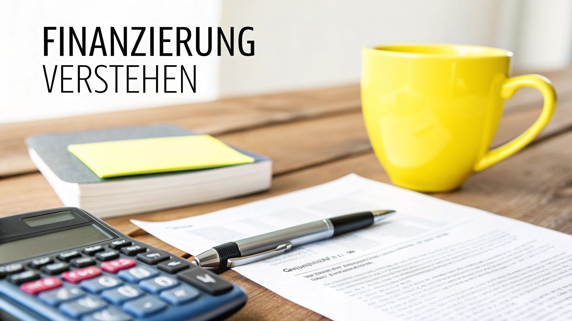 Eine Nahaufnahme von Händen, die einen Taschenrechner benutzen, mit Bauplänen und einem Hausmodell im Hintergrund, was die Planung der Immobilienfinanzierung darstellt.