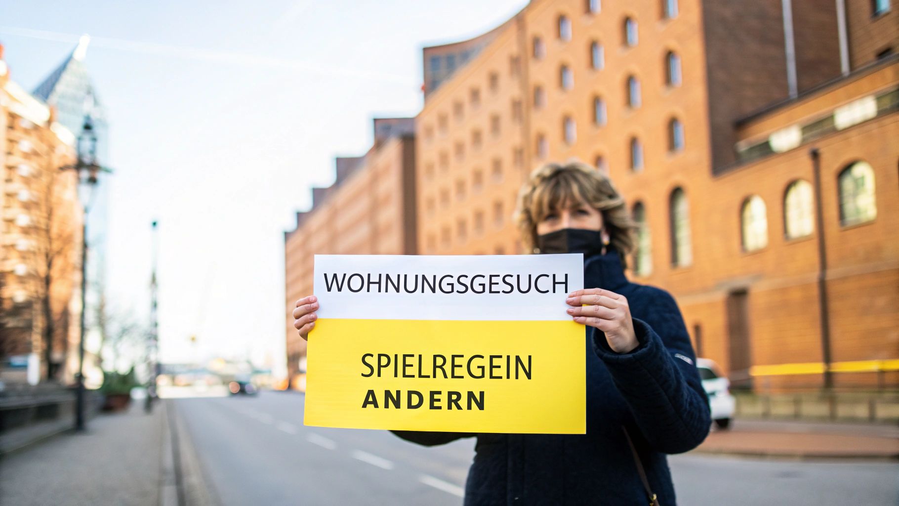 Eine Person hält ein Schild mit der Aufschrift 'Wohnungsgesuch Spielregeln ändern' auf einer Straße in Hamburg.