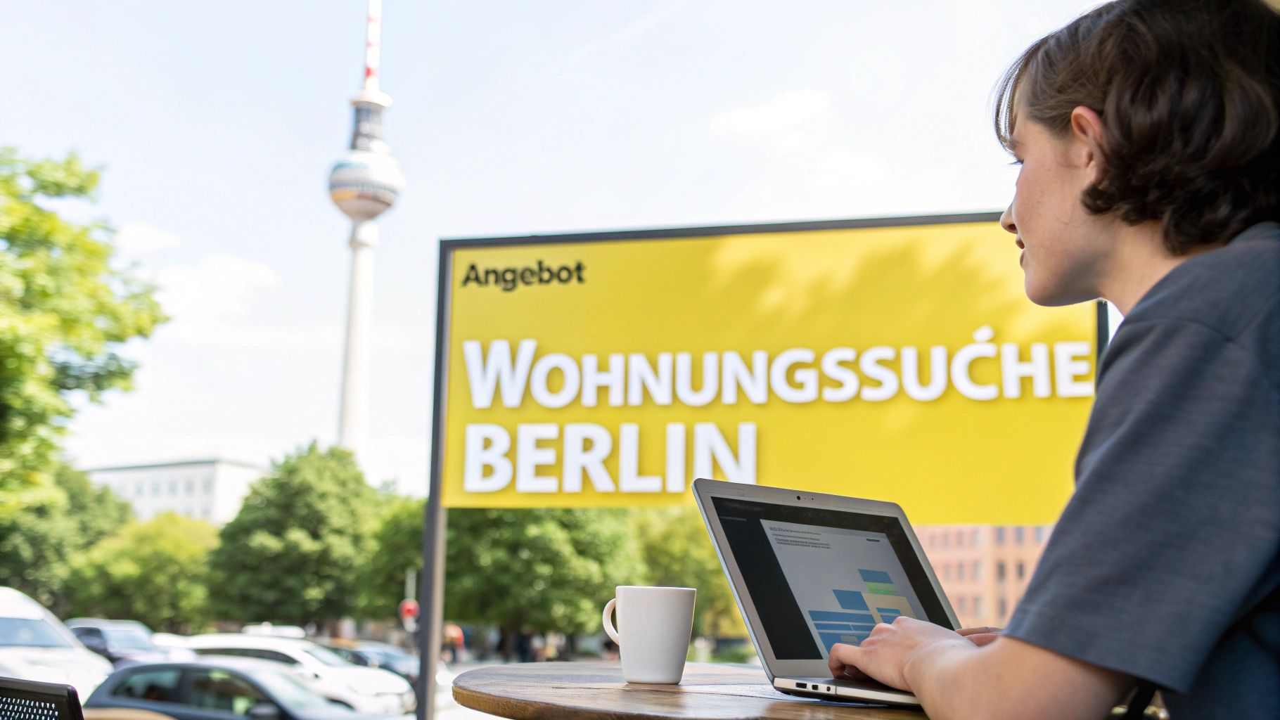 Eine Person sucht auf einem Laptop nach einer Wohnung in Berlin, mit dem Berliner Fernsehturm im Hintergrund.