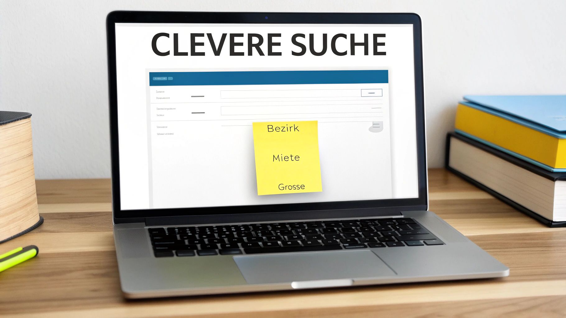 Laptop auf Holzschreibtisch zeigt eine clevere Wohnungssuche mit Notizen zu Bezirk, Miete und Größe.