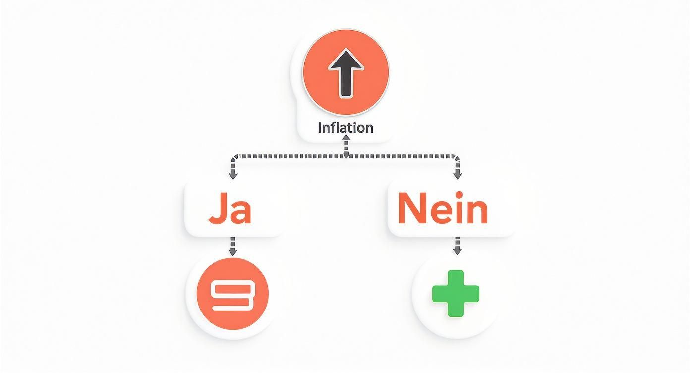 Eine Infografik visualisiert Inflation, geteilte Entscheidungen für Ja oder Nein und zugehörige Symbole.