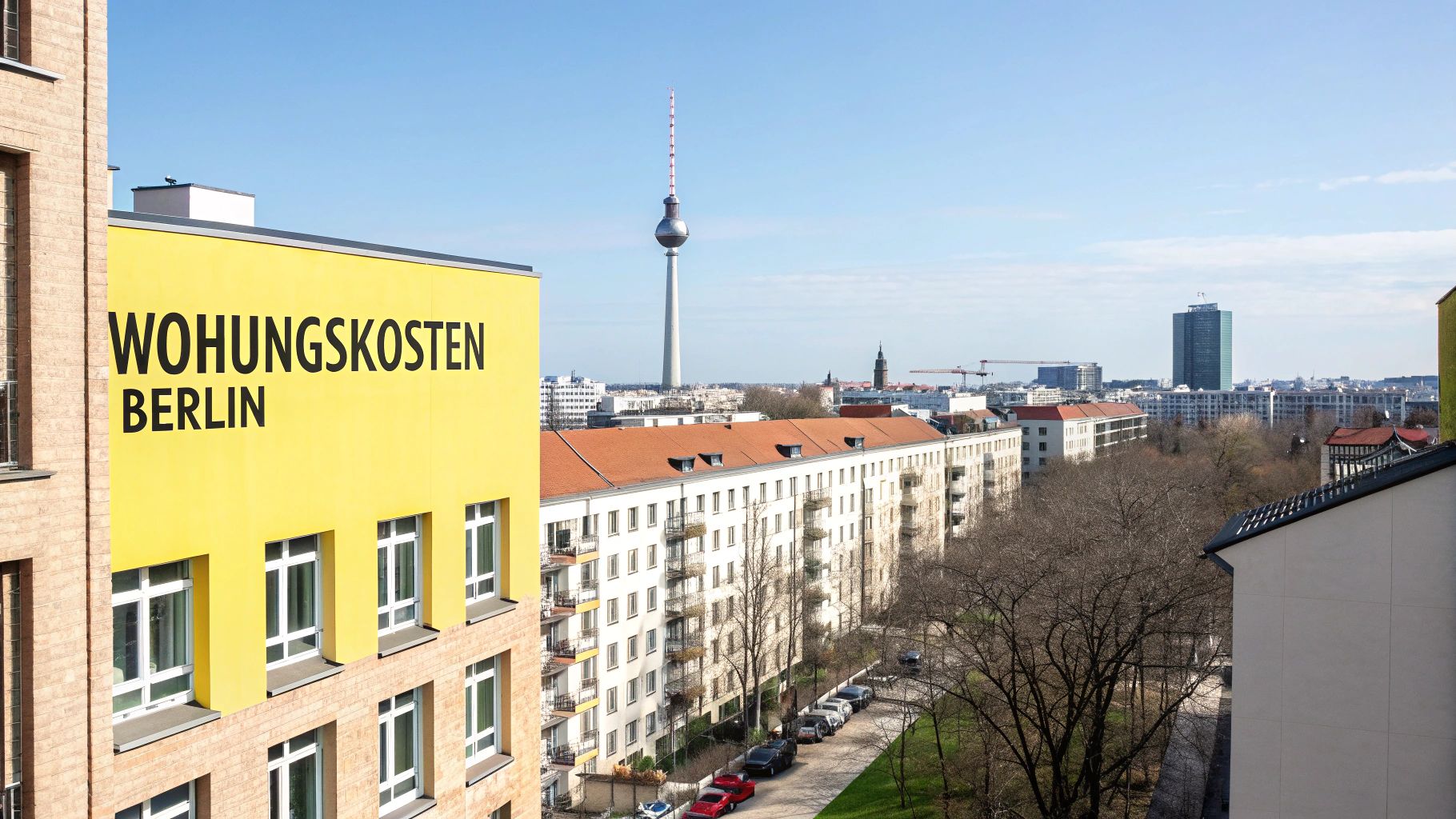 Blick auf Berlin mit dem Fernsehturm und einem Gebäude mit der Aufschrift 'Wohnungskosten Berlin' an einem sonnigen Tag.