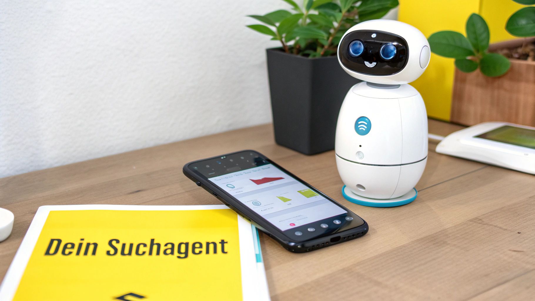 Ein Roboter-Arm sortiert kleine Hausmodelle auf einer digitalen Karte.