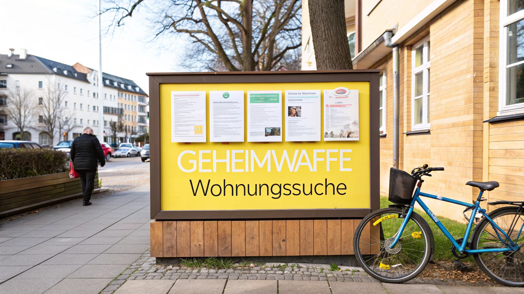 Gelbes Infoboard in Bremen mit der Aufschrift 'GEHEIMWAFFE Wohnungssuche', daneben ein blaues Fahrrad.