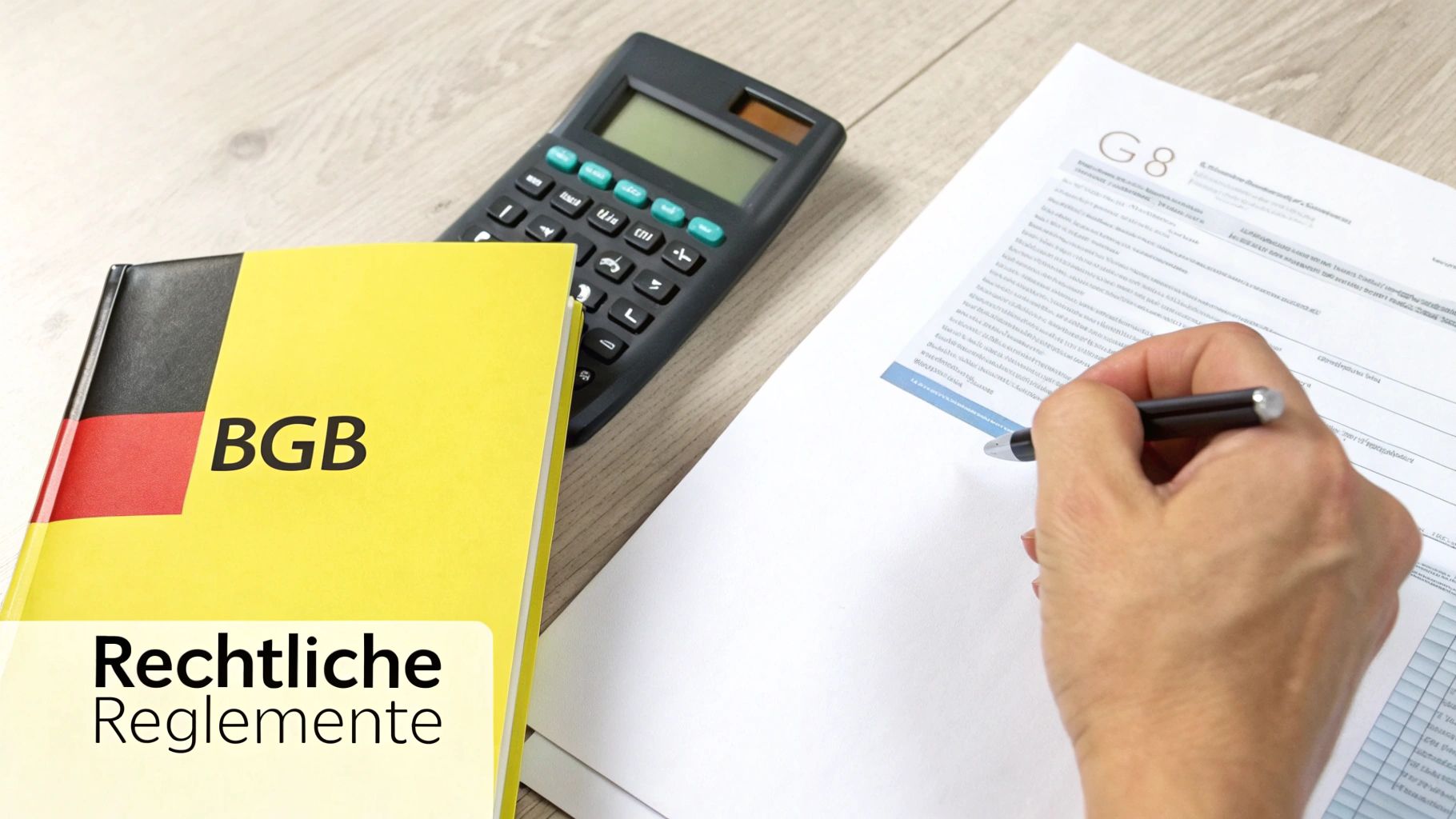 Ein gelbes BGB-Buch, ein Taschenrechner und eine Hand, die auf einem Dokument schreibt. Titel: Rechtliche Reglemente.