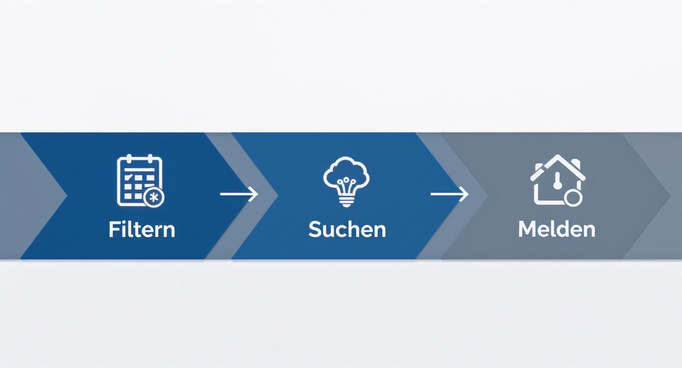 Drei-Schritte-Prozess zur Wohnungssuche: Filtern nach Kriterien, Suchen von Angeboten und Melden von Interesse