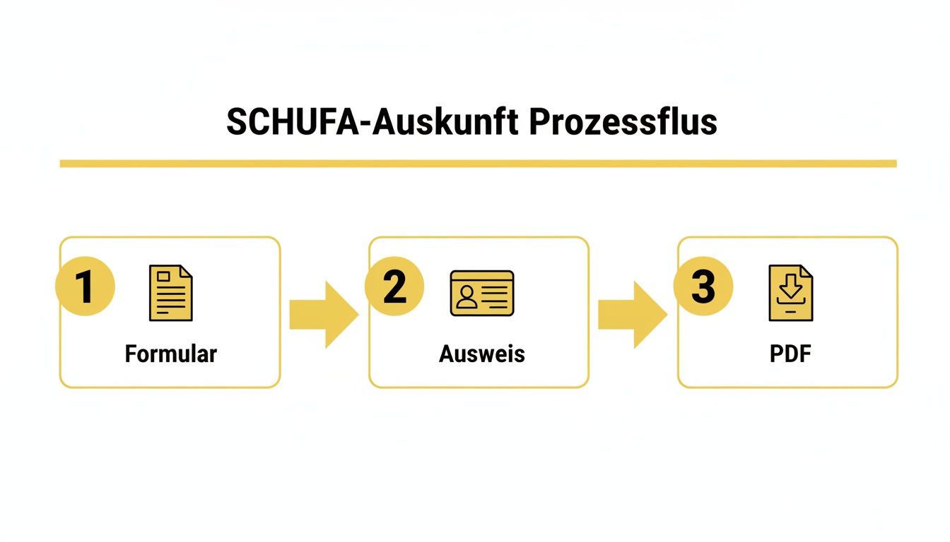 Darstellung des SCHUFA-Auskunft-Prozessflusses mit den Schritten Formular, Ausweis und PDF-Download.