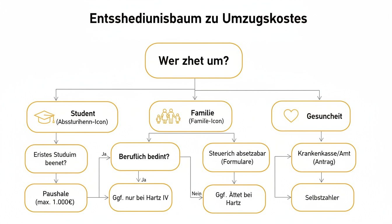 Ein Entscheidungsbaum zur Abdeckung von Umzugskosten für Studenten, Familien und aus gesundheitlichen Gründen.