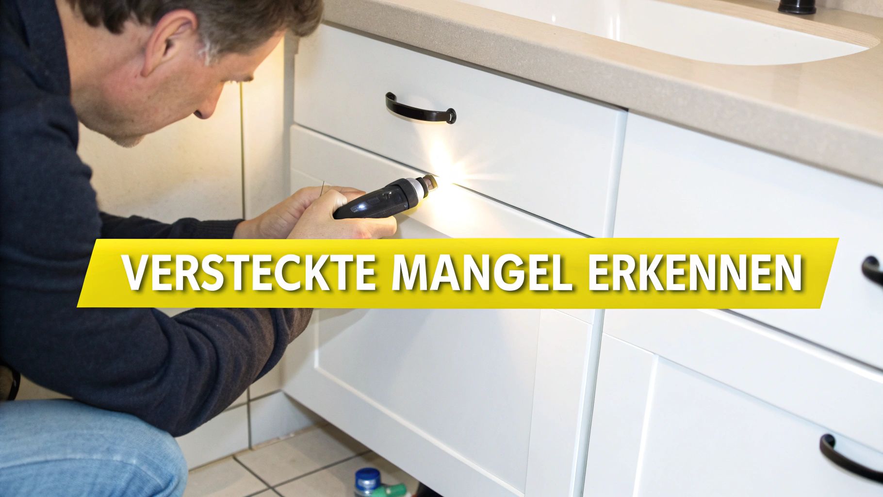 Mann beleuchtet mit einer Taschenlampe weiße Küchenschränke, um versteckte Mängel zu erkennen.