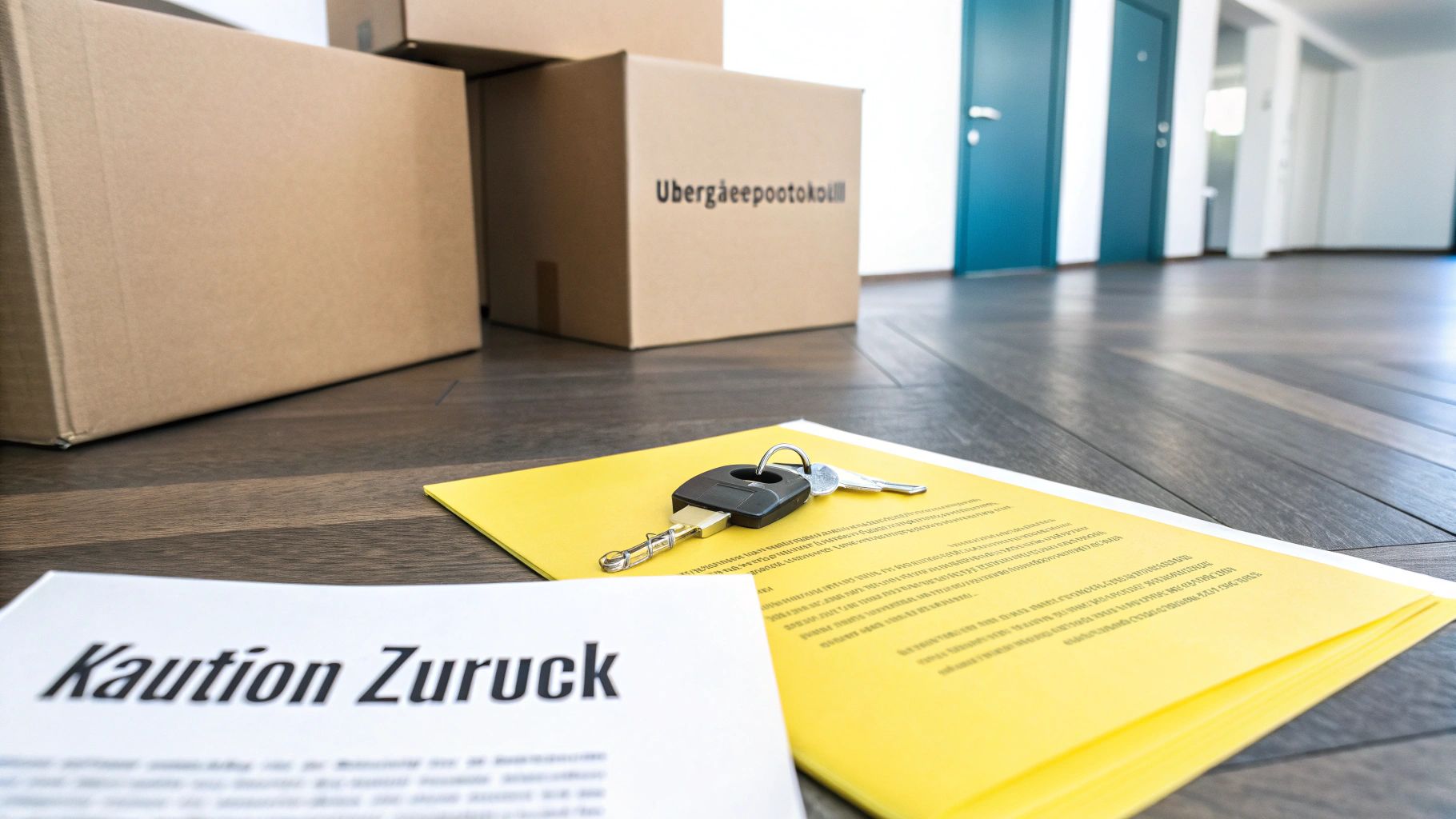 Umzugskartons, Schlüssel und Dokumente wie 'Kaution Zurück' auf dem Boden einer leeren Wohnung.