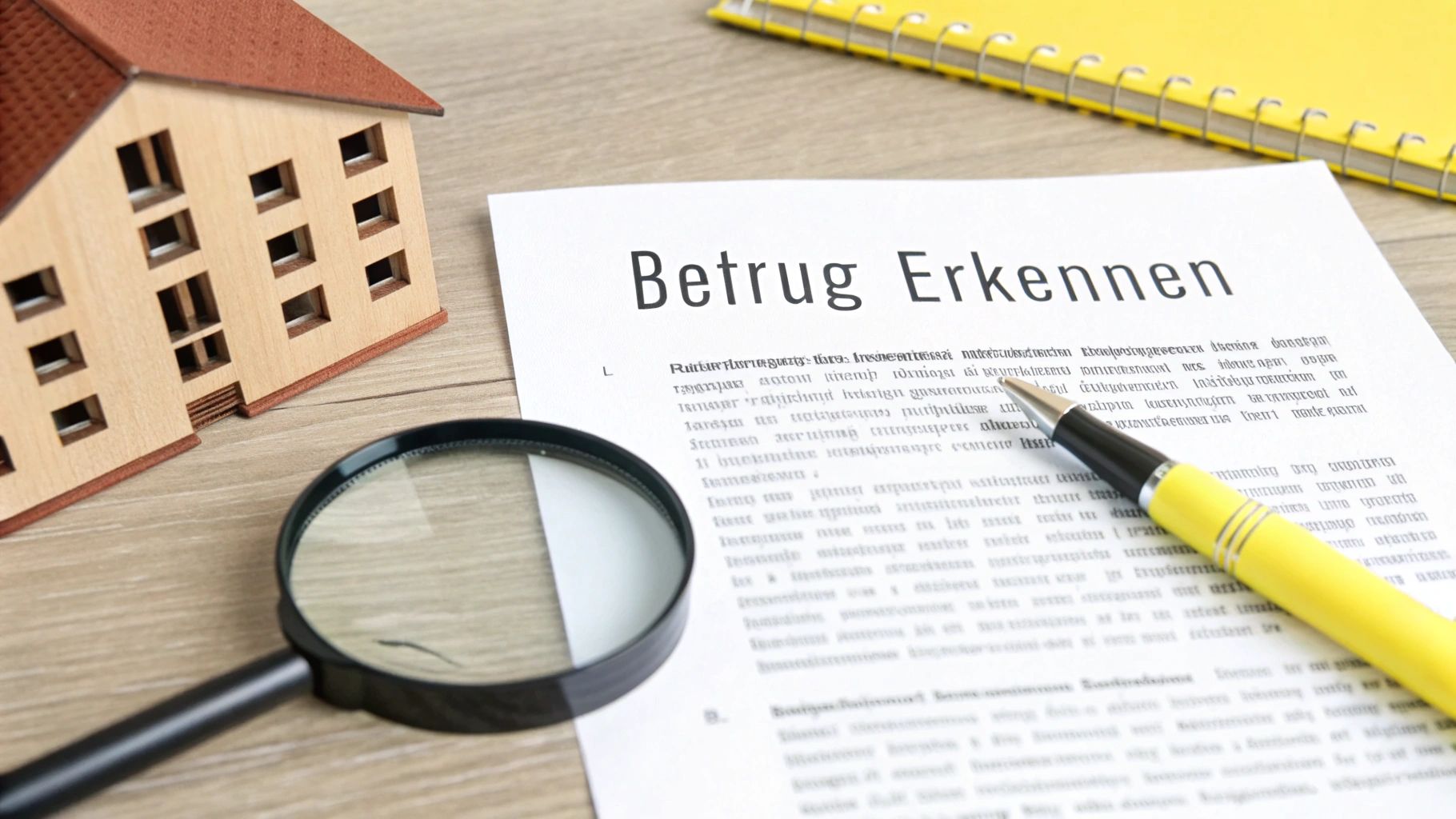 Ein Holzhäuschenmodell, eine Lupe und ein Dokument mit dem Titel 'Betrug Erkennen' liegen auf einem Tisch.