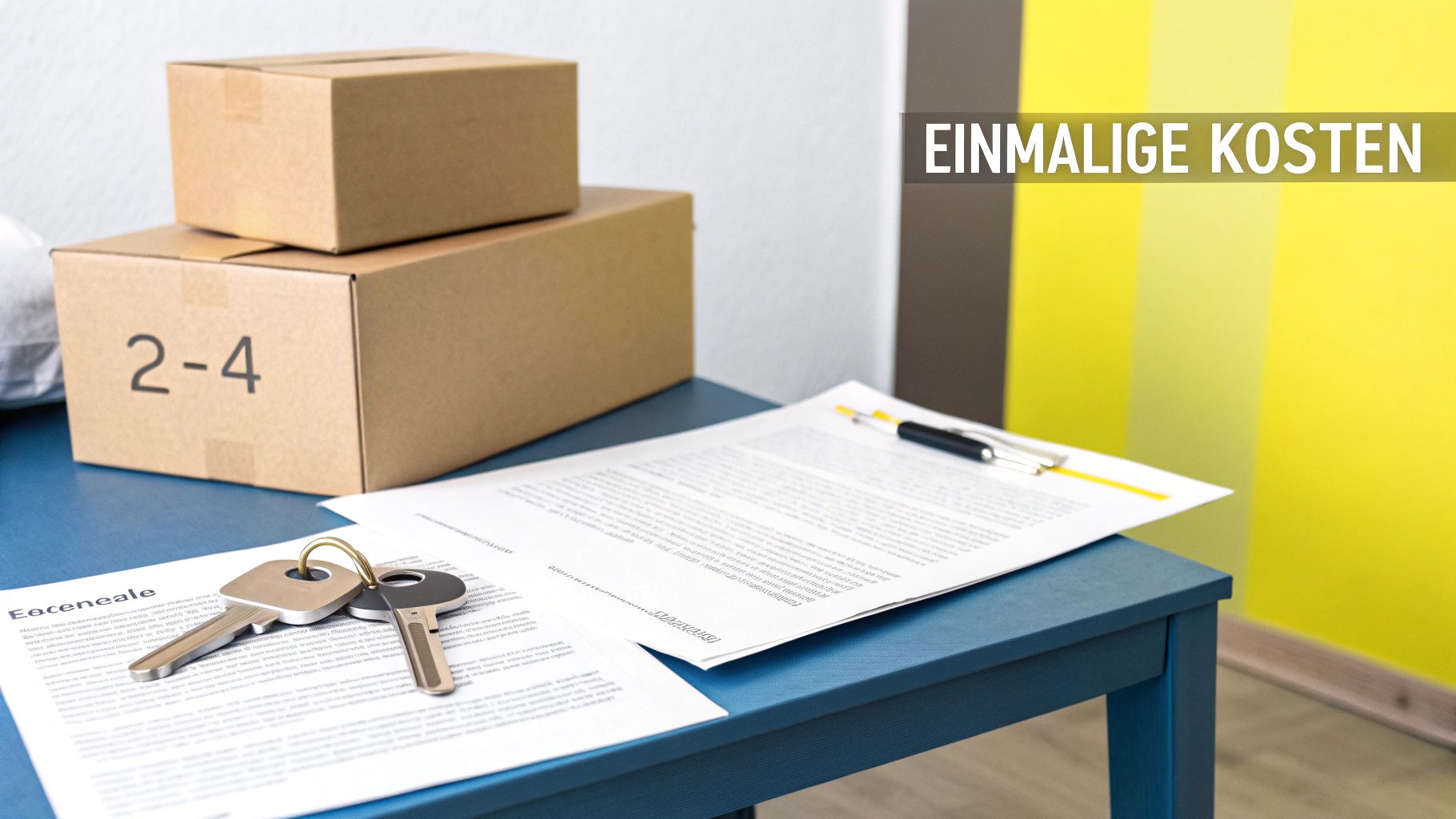 Ein blauer Tisch mit Umzugskartons, Mietverträgen, Schlüsseln und dem Text "EINMALIGE KOSTEN".
