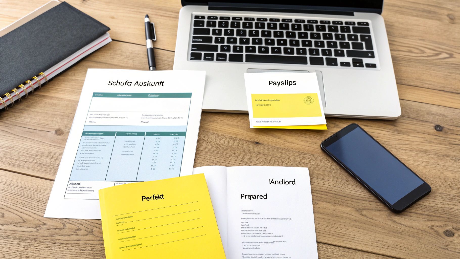Ein Schreibtisch mit Laptop, Smartphone, Schufa-Auskunft und Gehaltsabrechnungen für die Wohnungssuche.