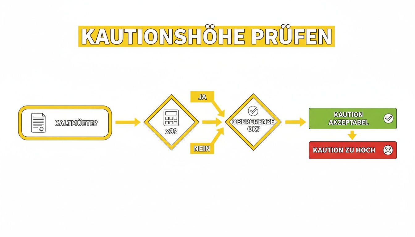 Flussdiagramm zur Prüfung der Kautionshöhe für Mieten, beginnend mit Kaltmiete und Grenzwertprüfung.