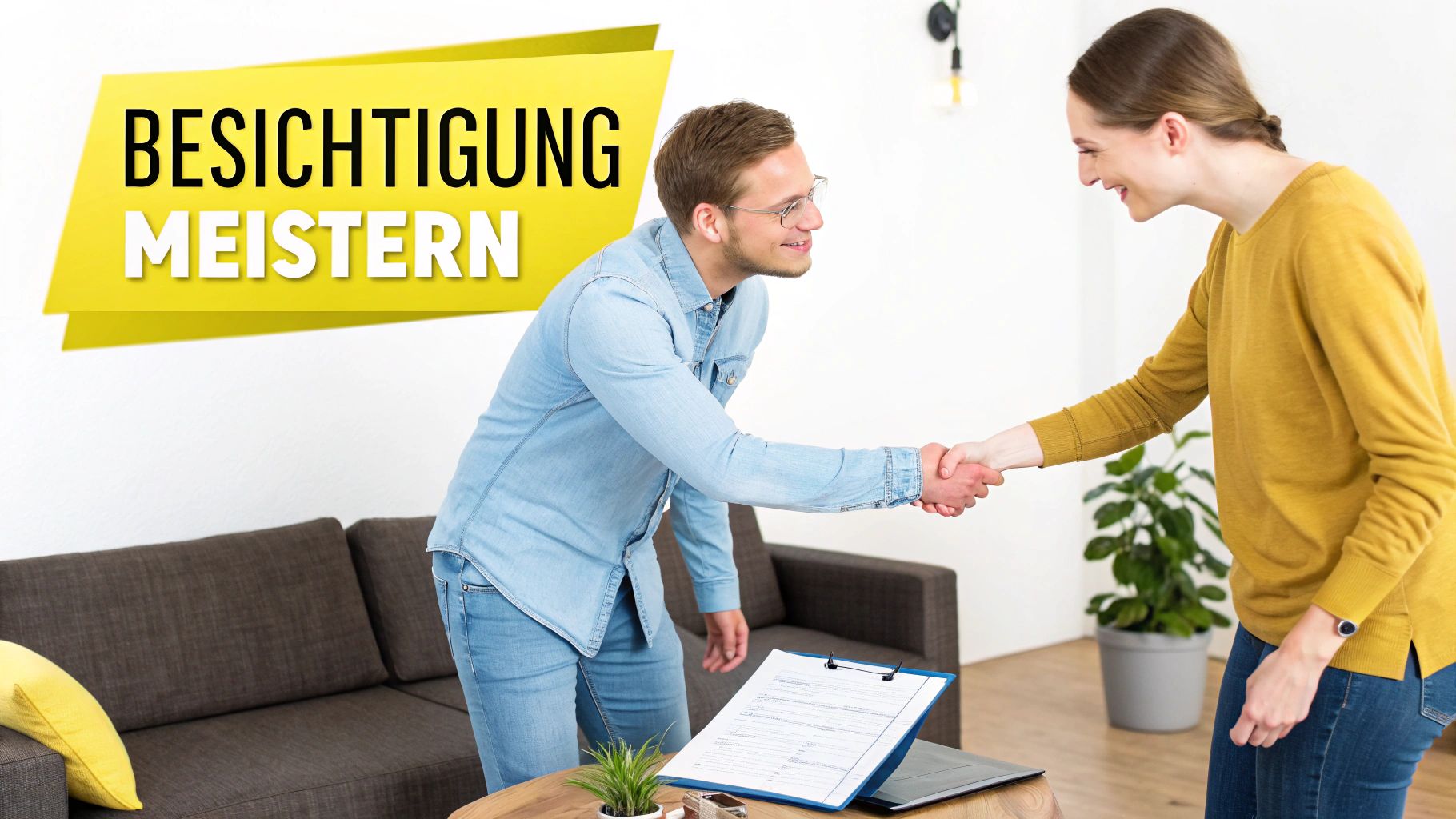 Makler und Mieterin besiegeln Wohnungsbesichtigung mit Händedruck über Mietvertrag auf Tisch