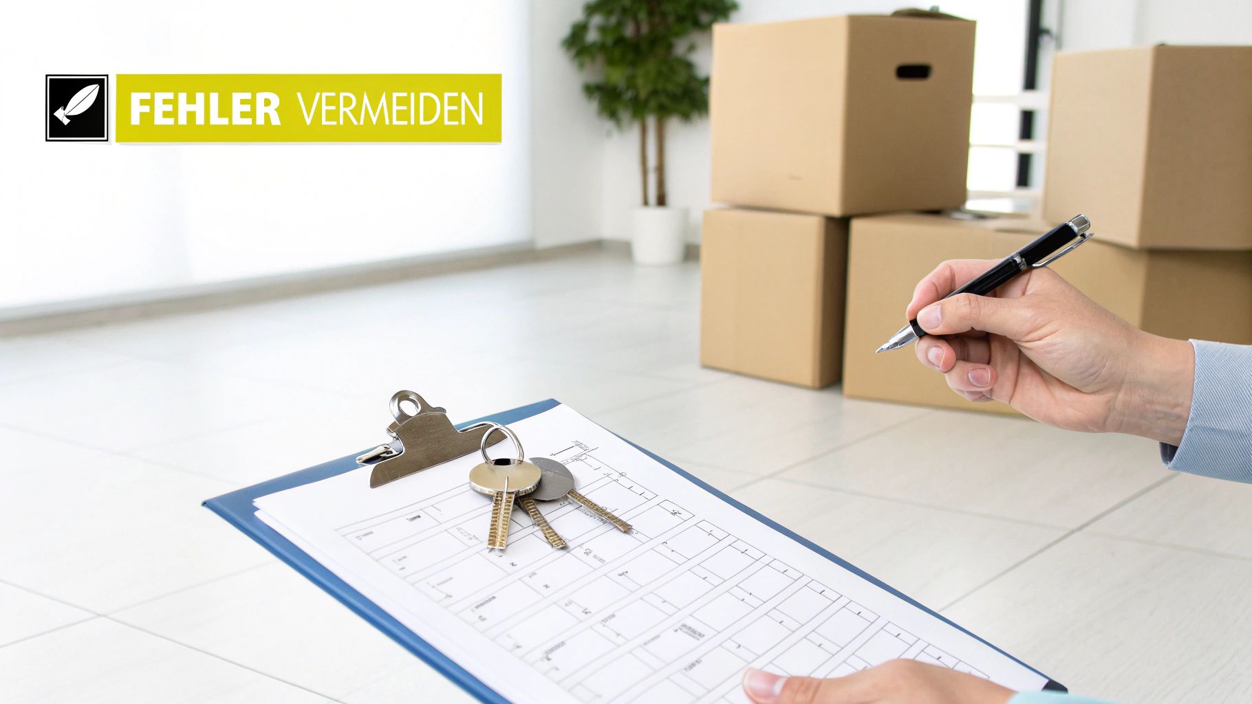 Person prüft Checkliste und Schlüssel bei Wohnungsübergabe mit Umzugskartons im Hintergrund, um Fehler zu vermeiden.