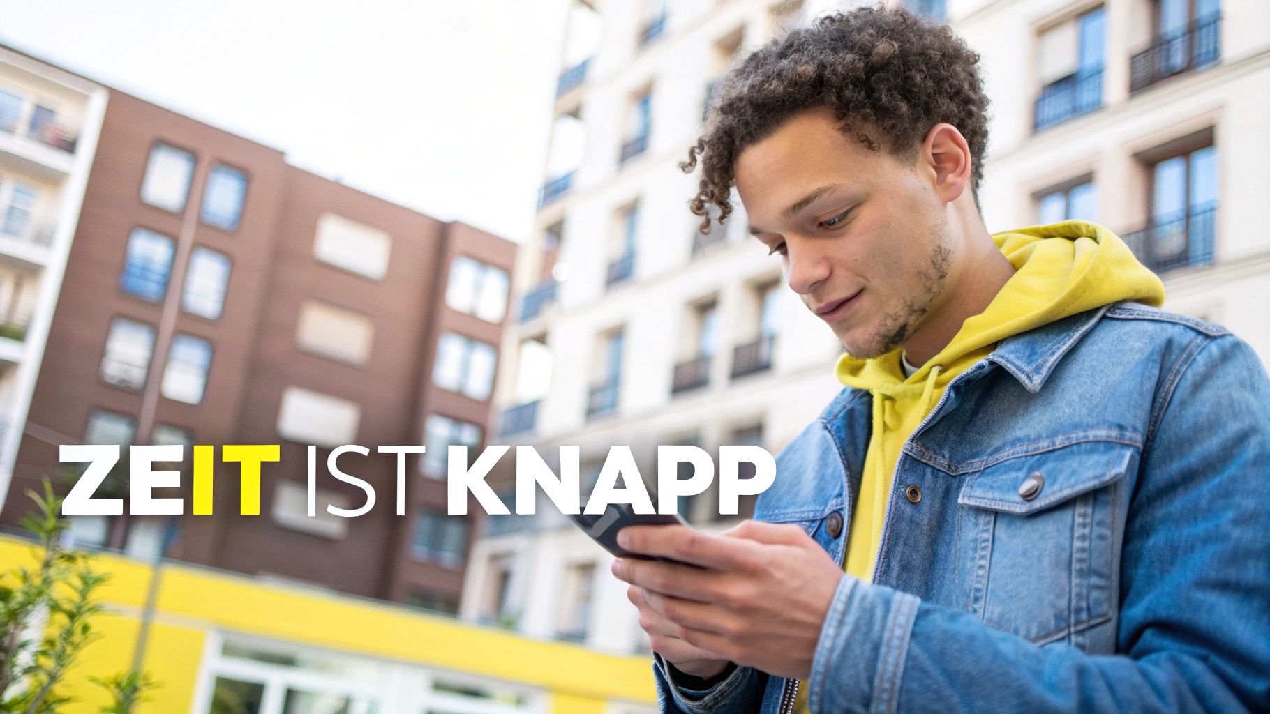 Junger Mann mit lockigem Haar schaut auf sein Smartphone. Im Hintergrund sind Gebäude zu sehen. Der Text "Zeit ist knapp" überlagert das Bild.