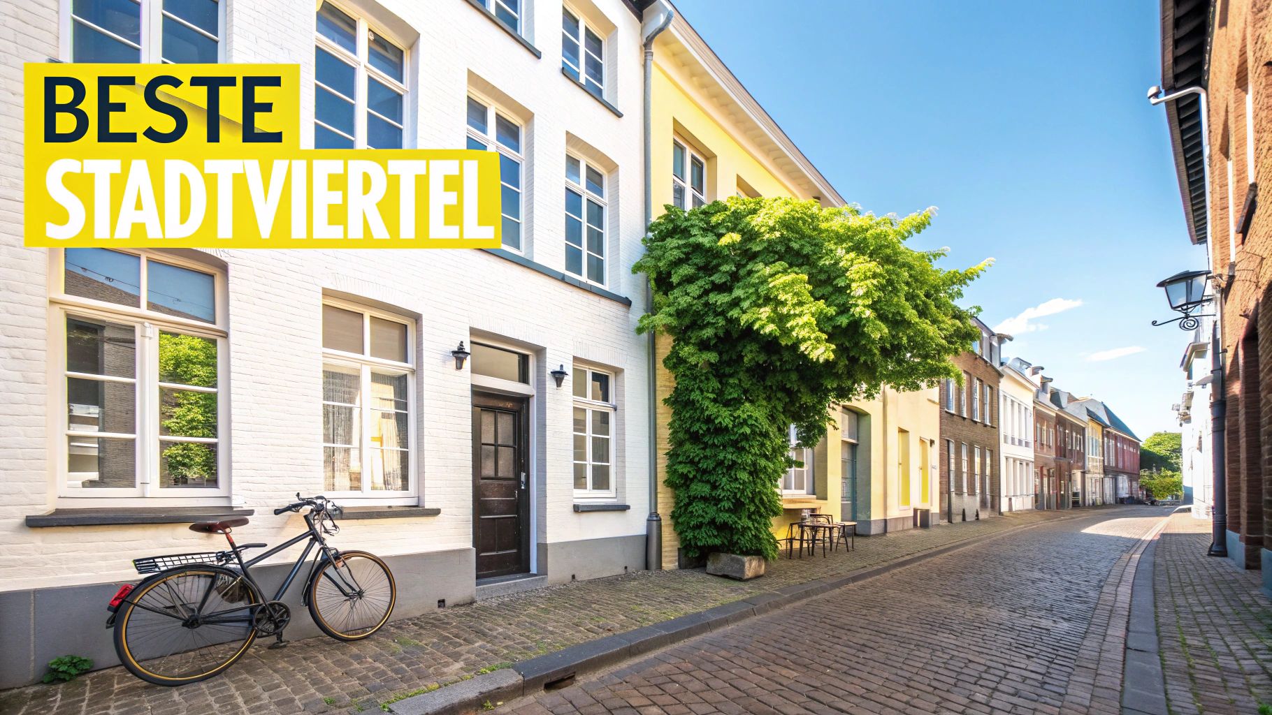 Ein idyllisches, gepflastertes Viertel mit historischen Häusern, einer grünen Pflanze und einem Fahrrad unter blauem Himmel in Maastricht.