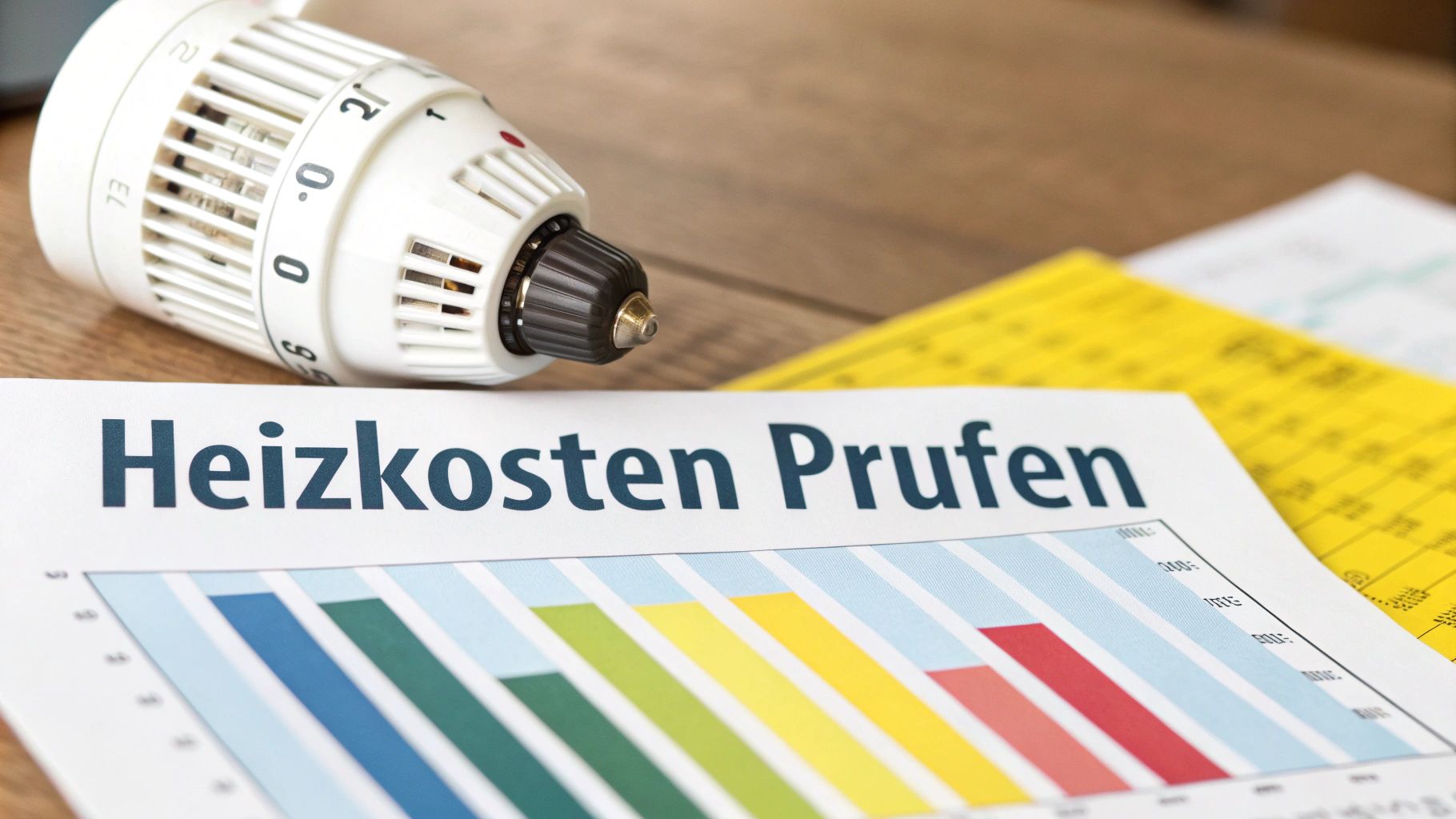 Thermostat und Dokument 'Heizkosten Prüfen' mit Balkendiagramm, symbolisiert die Überprüfung der Heizkostenabrechnung.