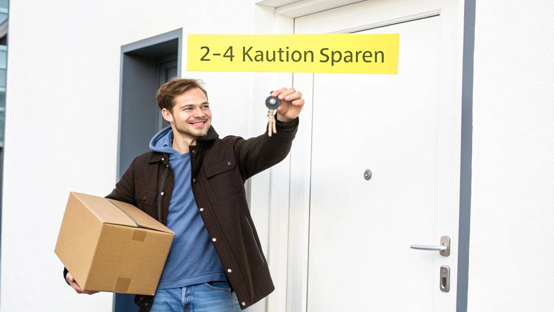 Junger Mann lächelt, hält Umzugskarton und Schlüssel vor seiner neuen Wohnung. Banner: '2-4 Kaution Sparen'.