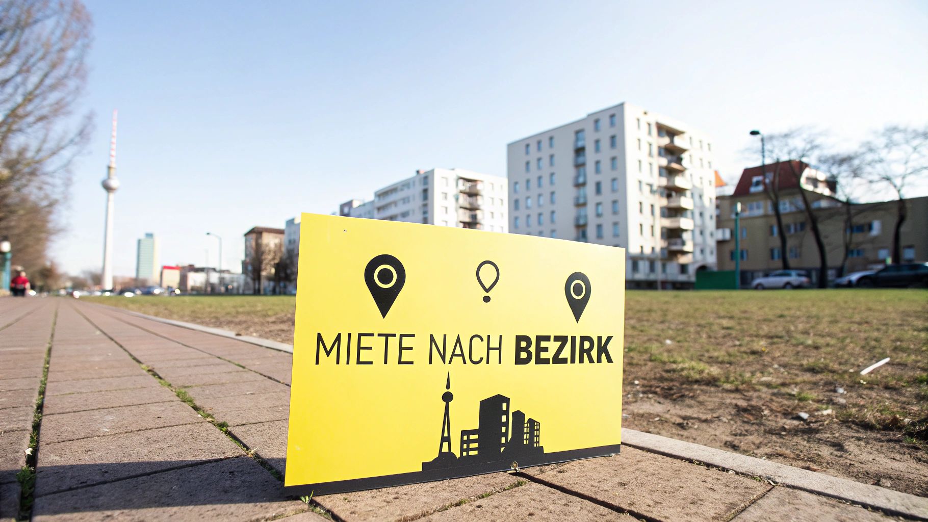 Gelbes Schild mit der Aufschrift "MIETE NACH BEZIRK" auf einem Gehweg, mit Berliner Gebäuden und Fernsehturm im Hintergrund.