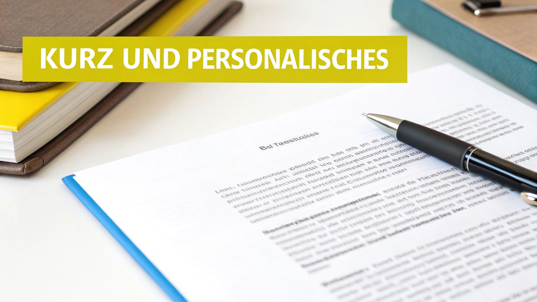 Ein Dokument mit dem Titel 'KURZ UND PERSONALISCHES' liegt auf einem Tisch, daneben ein Stift und Bücher.