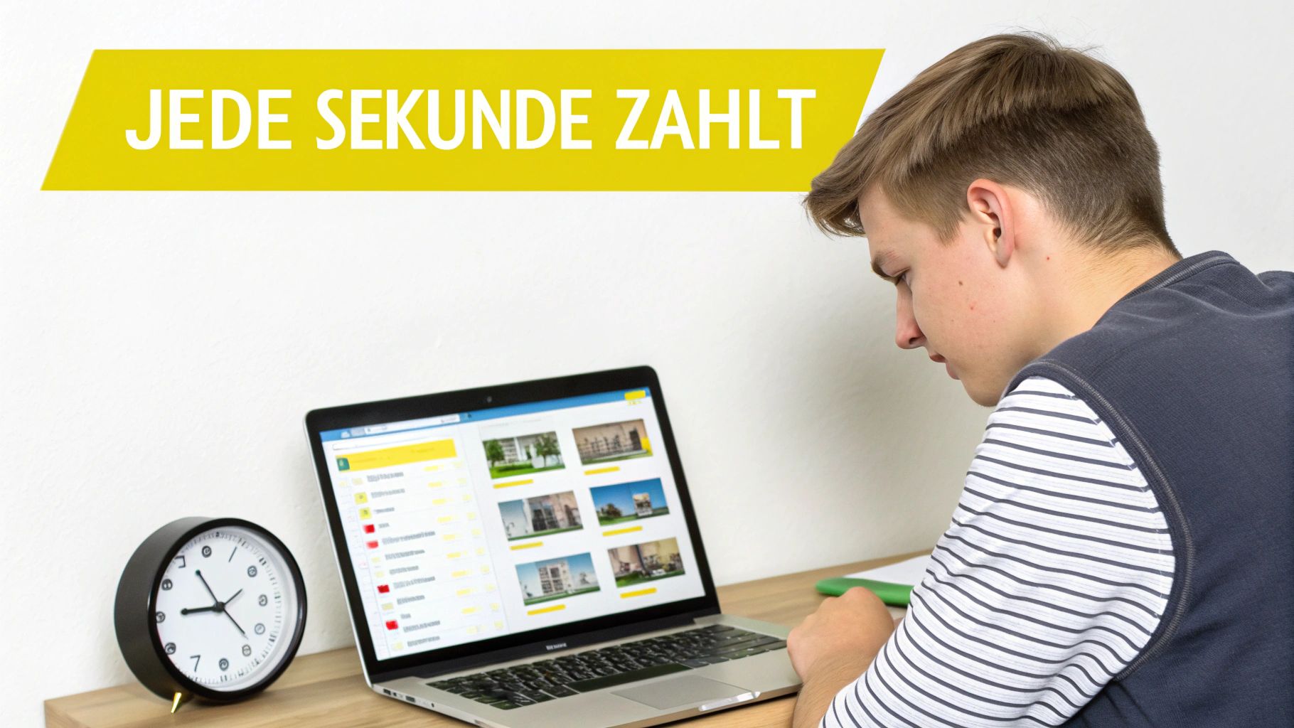 Junger Mann sucht am Laptop schnell eine Wohnung, mit der Botschaft 'Jede Sekunde zählt' und einer Uhr auf dem Tisch.