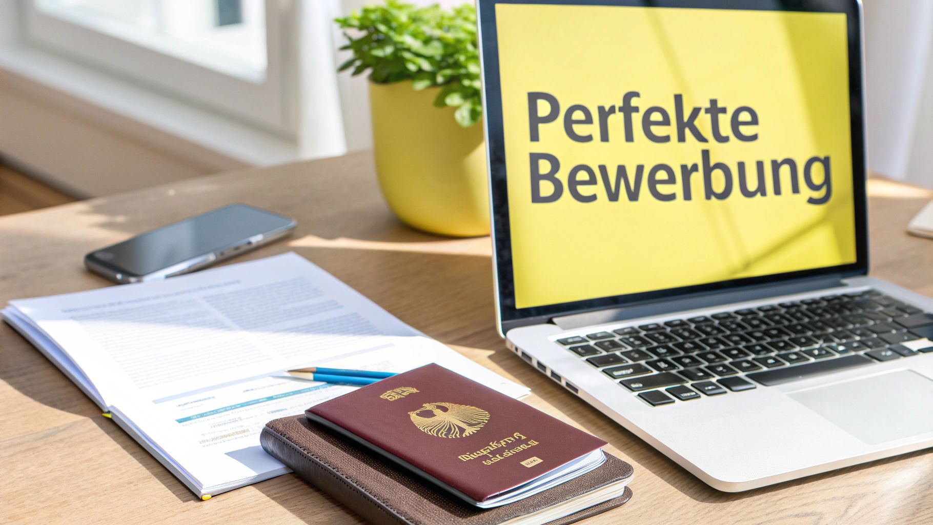 Laptop mit 'Perfekte Bewerbung' auf dem Bildschirm, daneben deutscher Reisepass, Dokumente und Smartphone auf einem Holzschreibtisch.