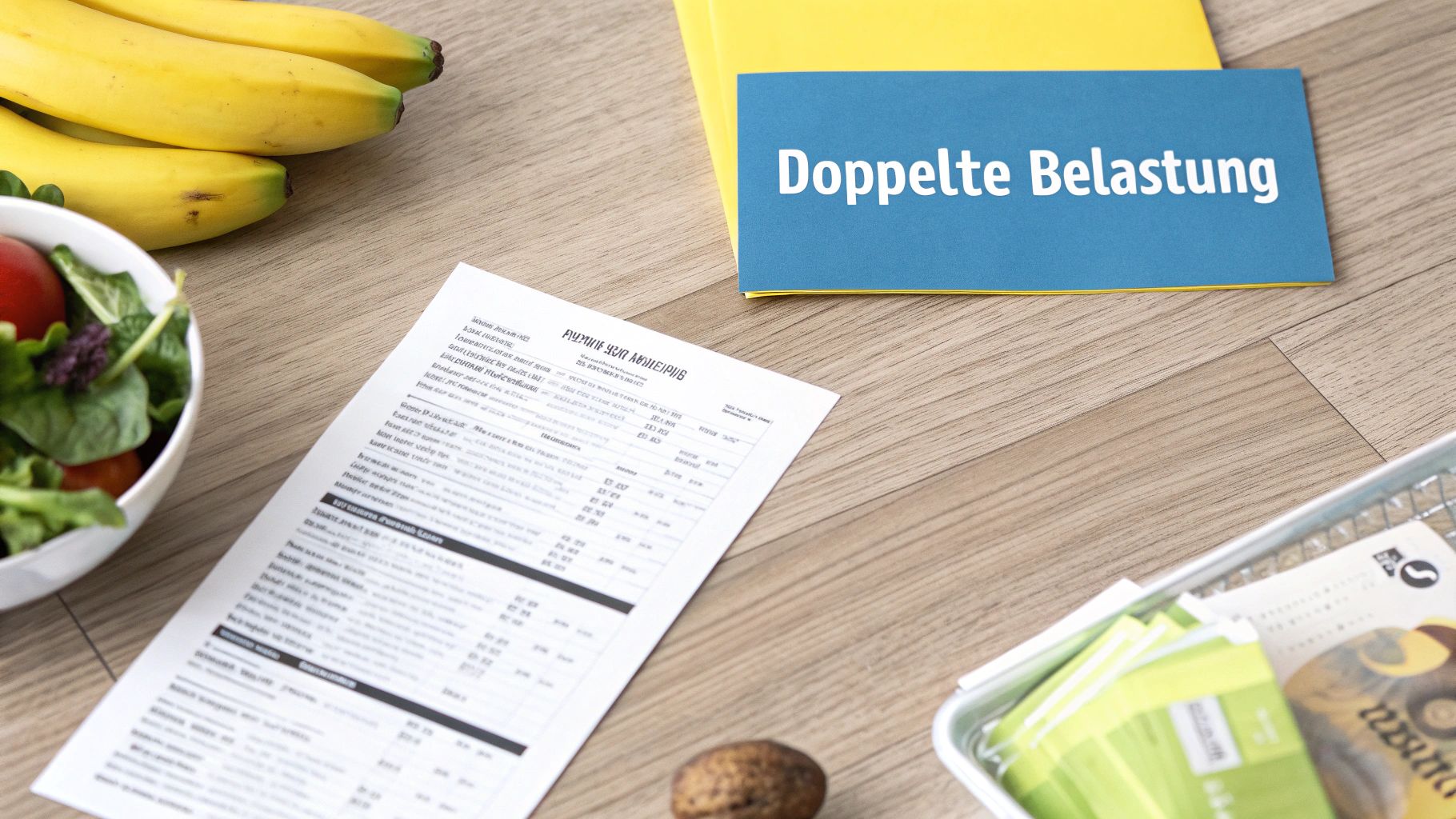 Frische Lebensmittel, eine Rechnung und der Hinweis 'Doppelte Belastung' auf einem Tisch.