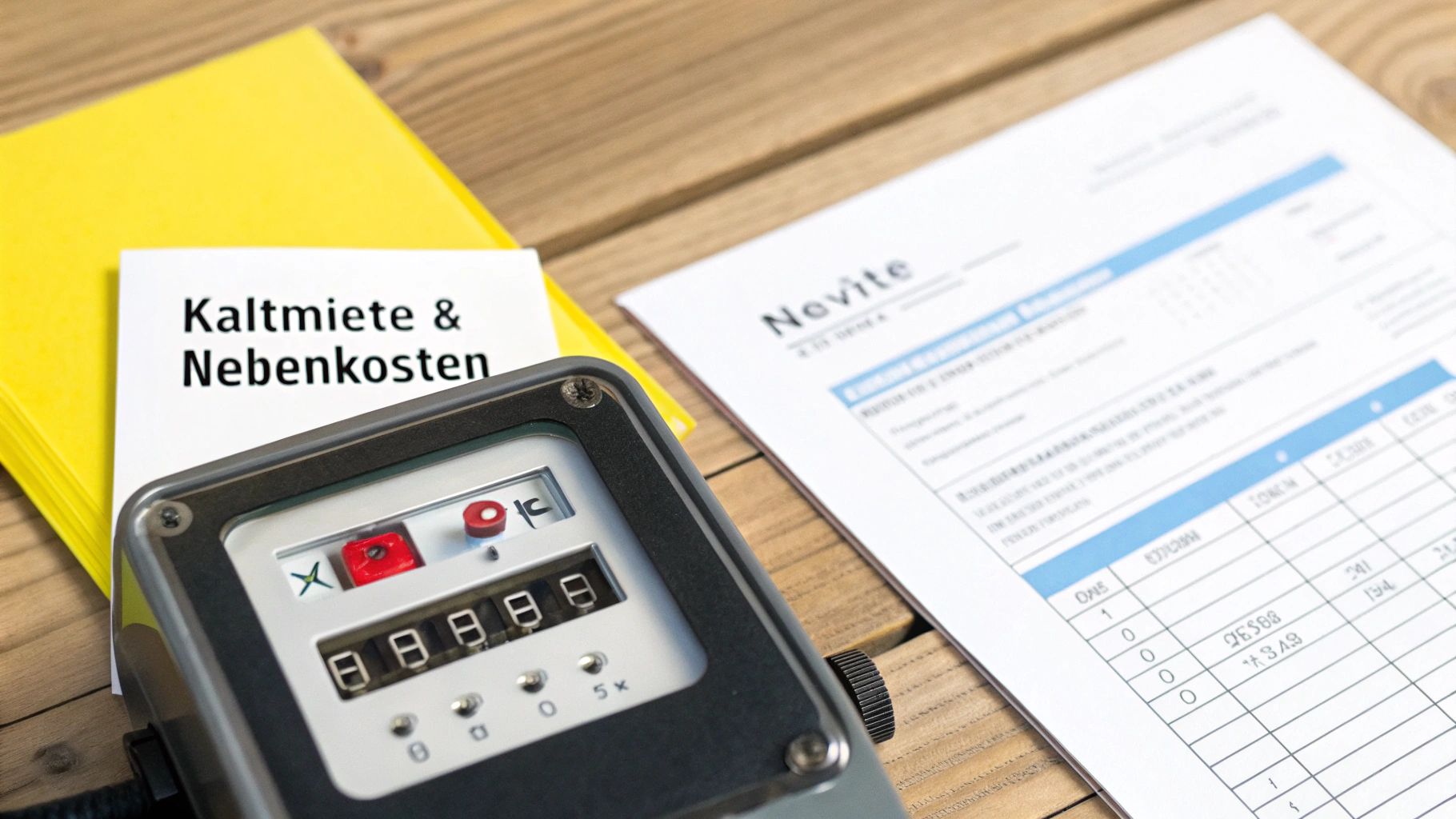 Zähler, Dokumente 'Kaltmiete & Nebenkosten' und 'Novite' auf Holztisch – Wohnkostenübersicht.