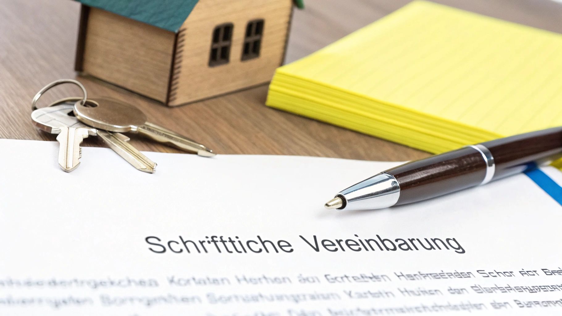 Schlüssel und Holzhausmodell liegen auf einem Dokument 'Schriftliche Vereinbarung' neben einem Stift und Notizblock.