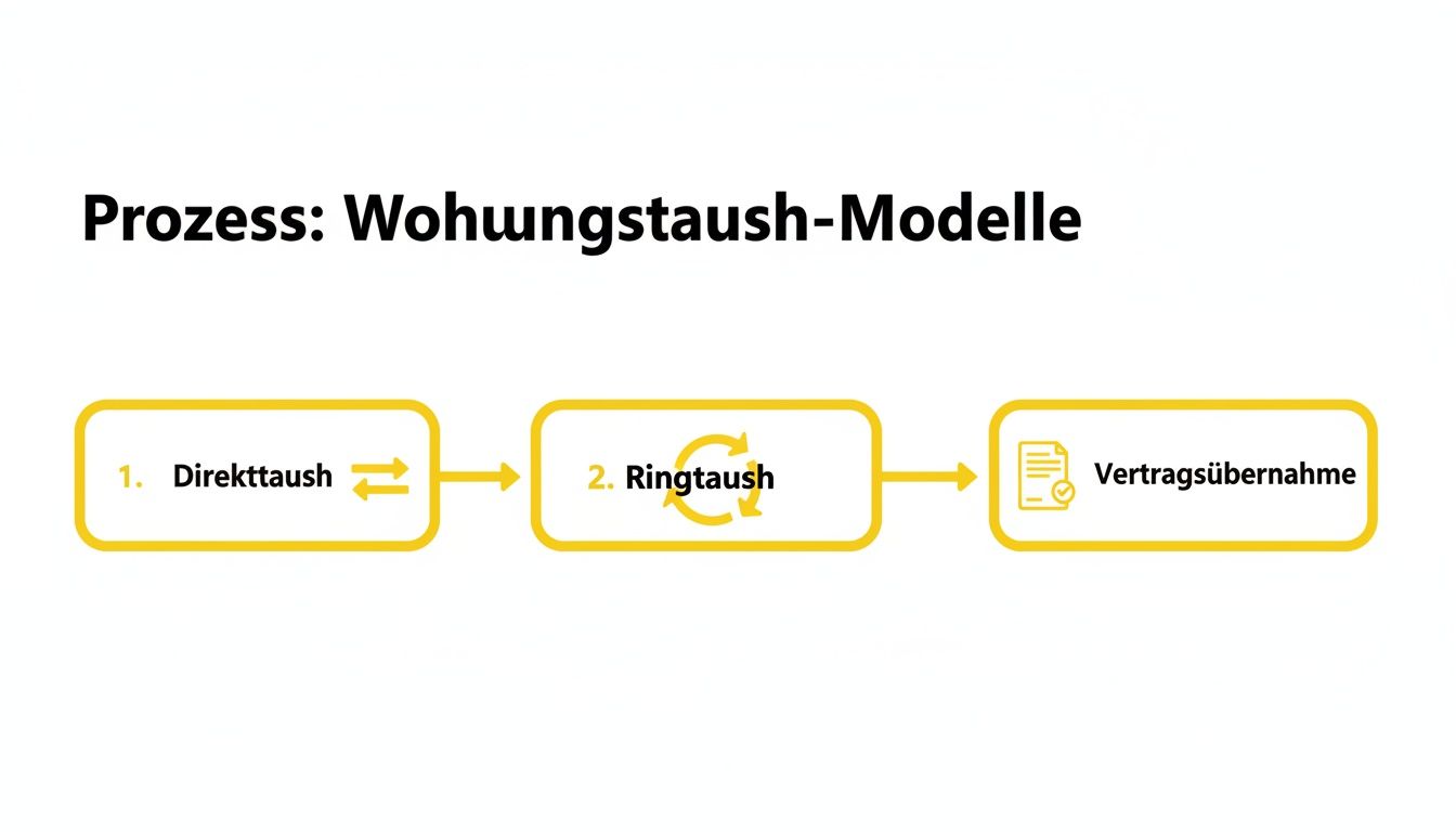 Diagramm, das drei Wohnungstausch-Modelle visualisiert: Direkttausch, Ringtausch und Vertragsübernahme als Prozessschritte.